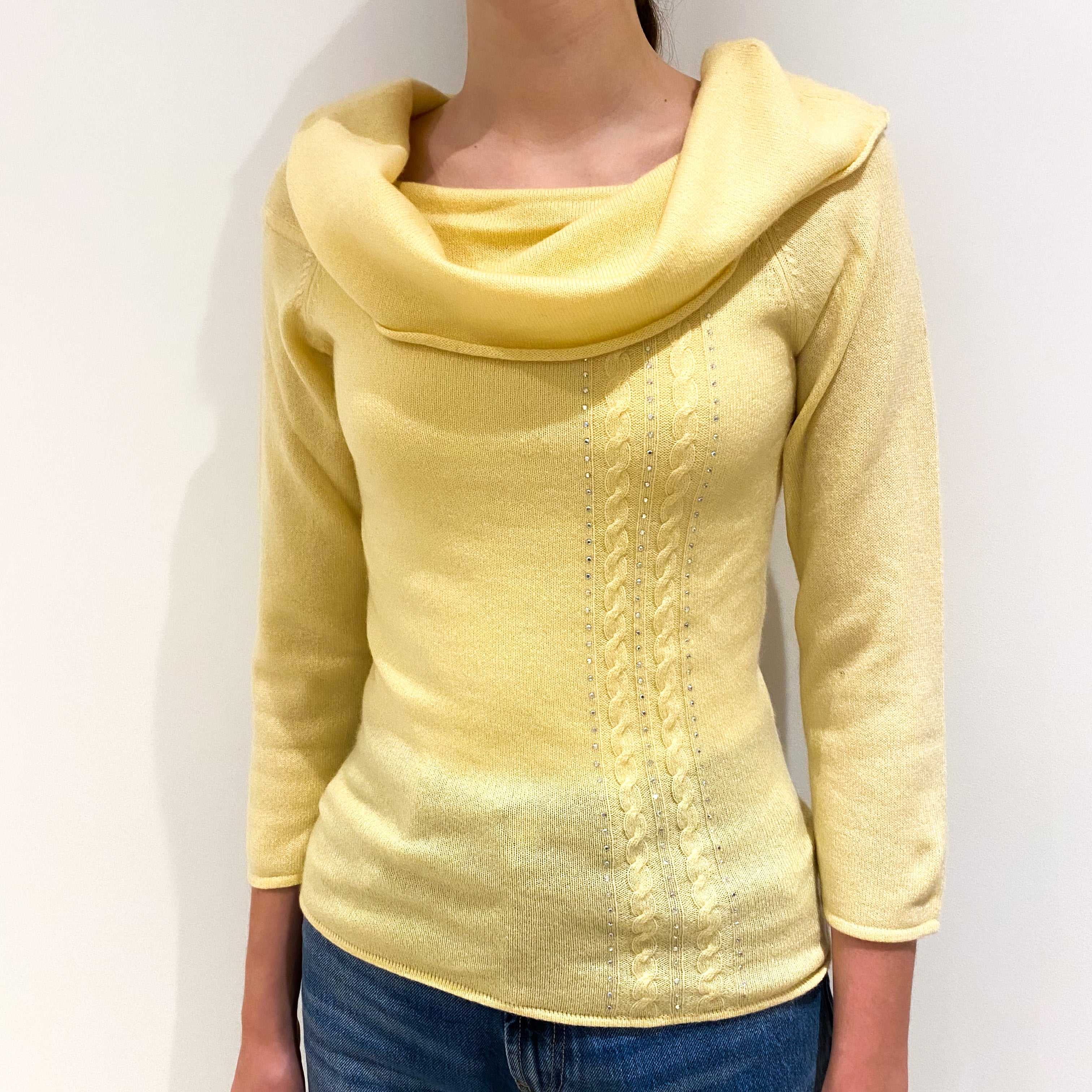 Primrose Yellow Diamanté Cashmere Cowl Neck Jumper Extra Small