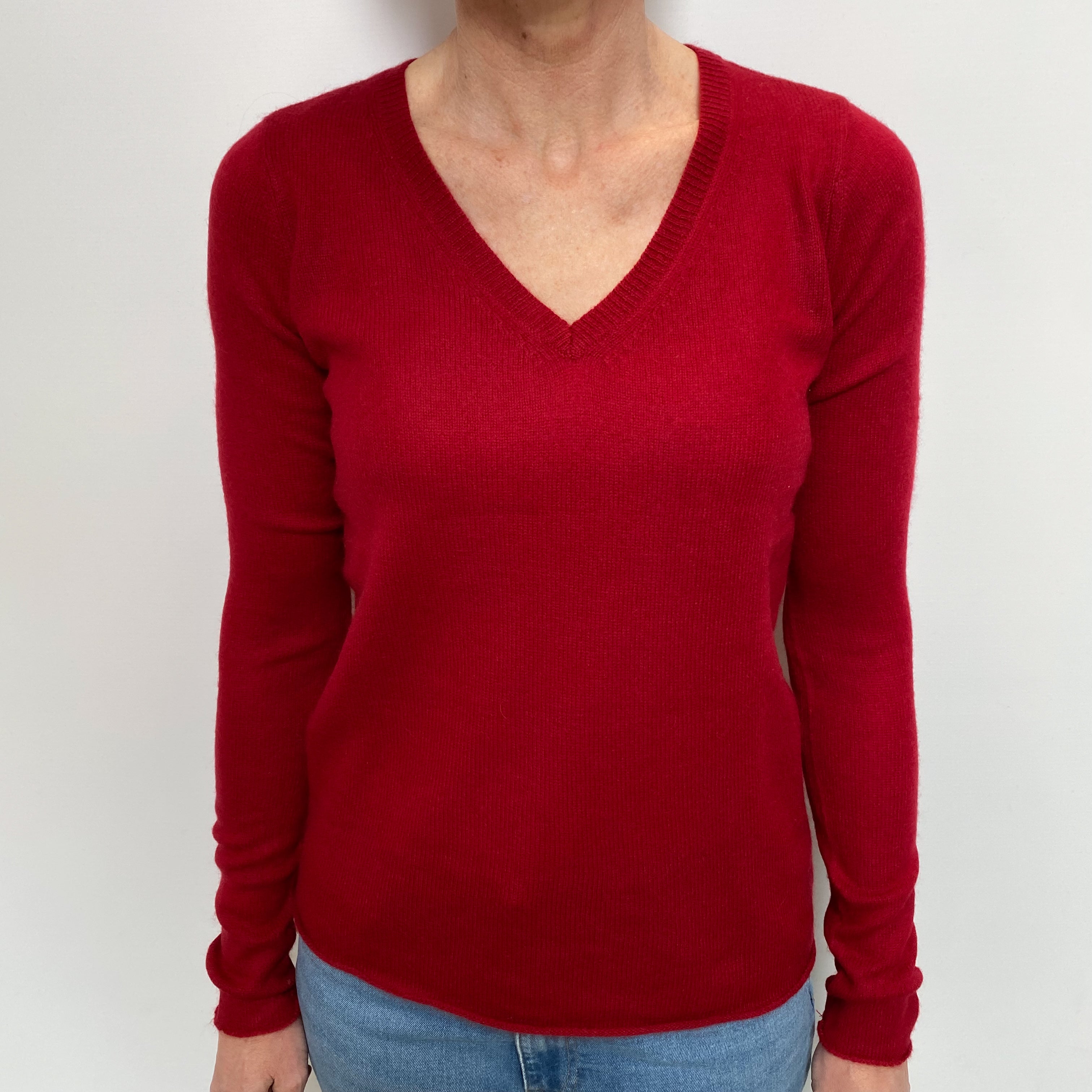 Crimson Red Cashmere V Neck Jumper Small
