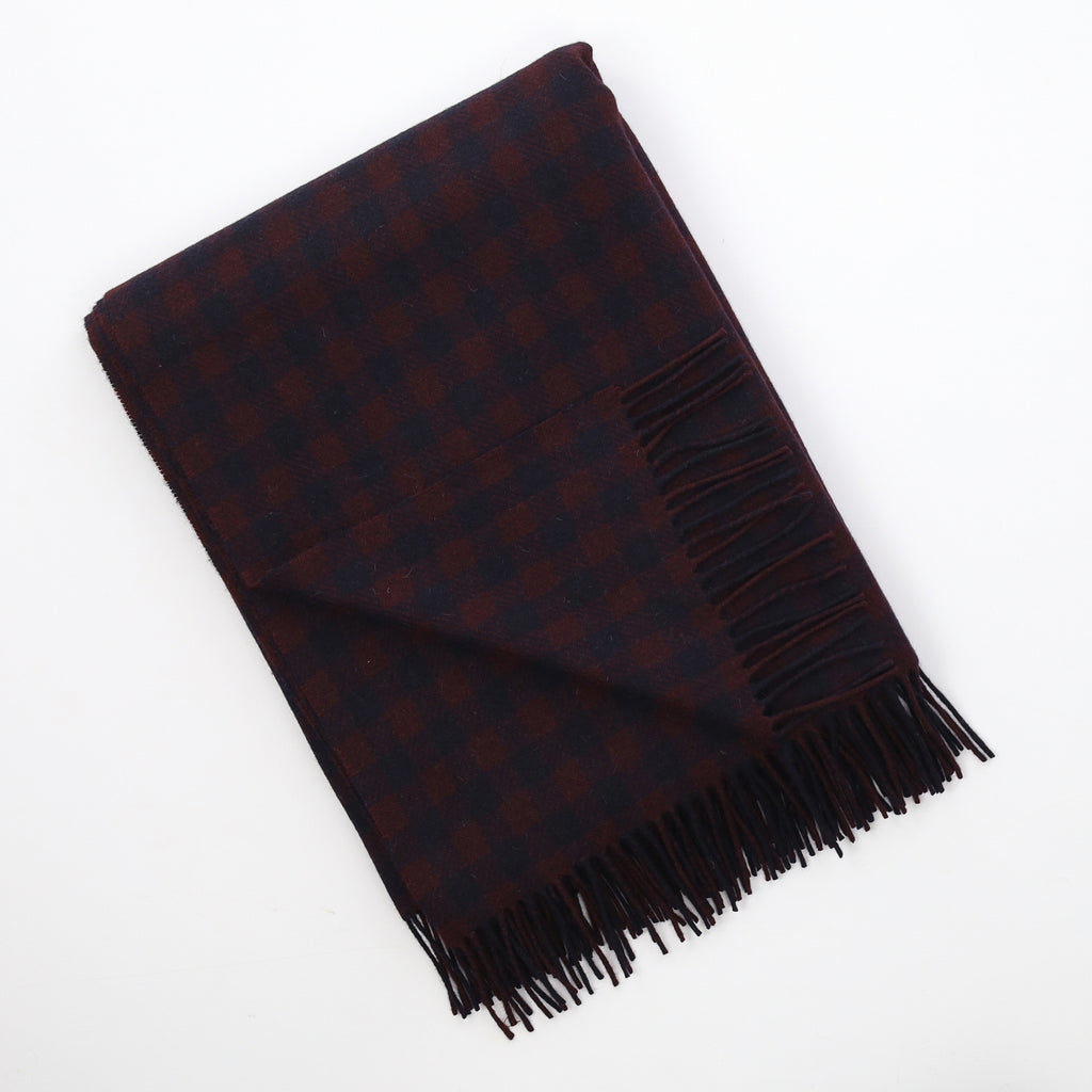 Brand New English Aubergine and Navy Checked Luxury Woven Cashmere Blanket