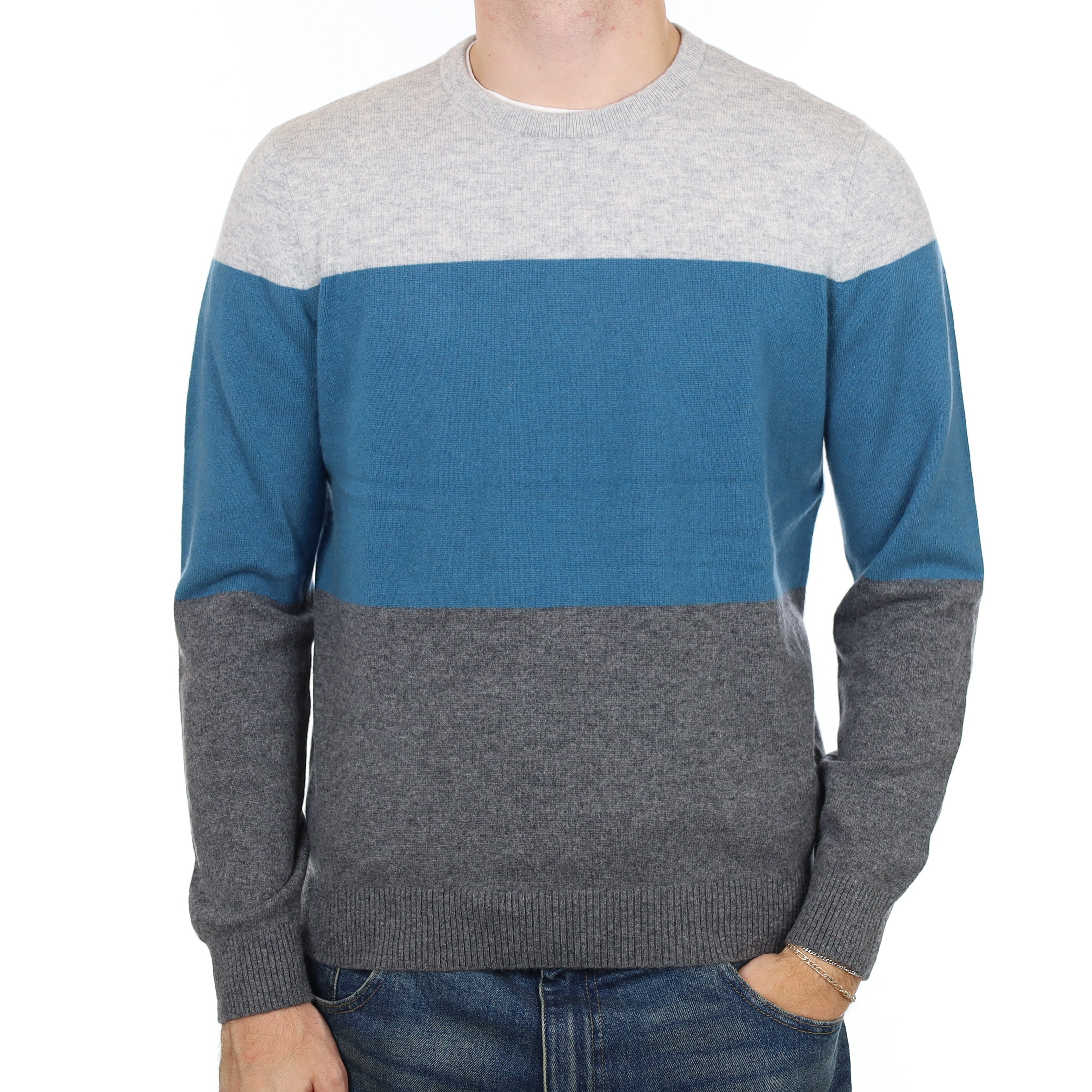 Men’s Blue and Grey Cashmere Crew Neck Jumper Medium
