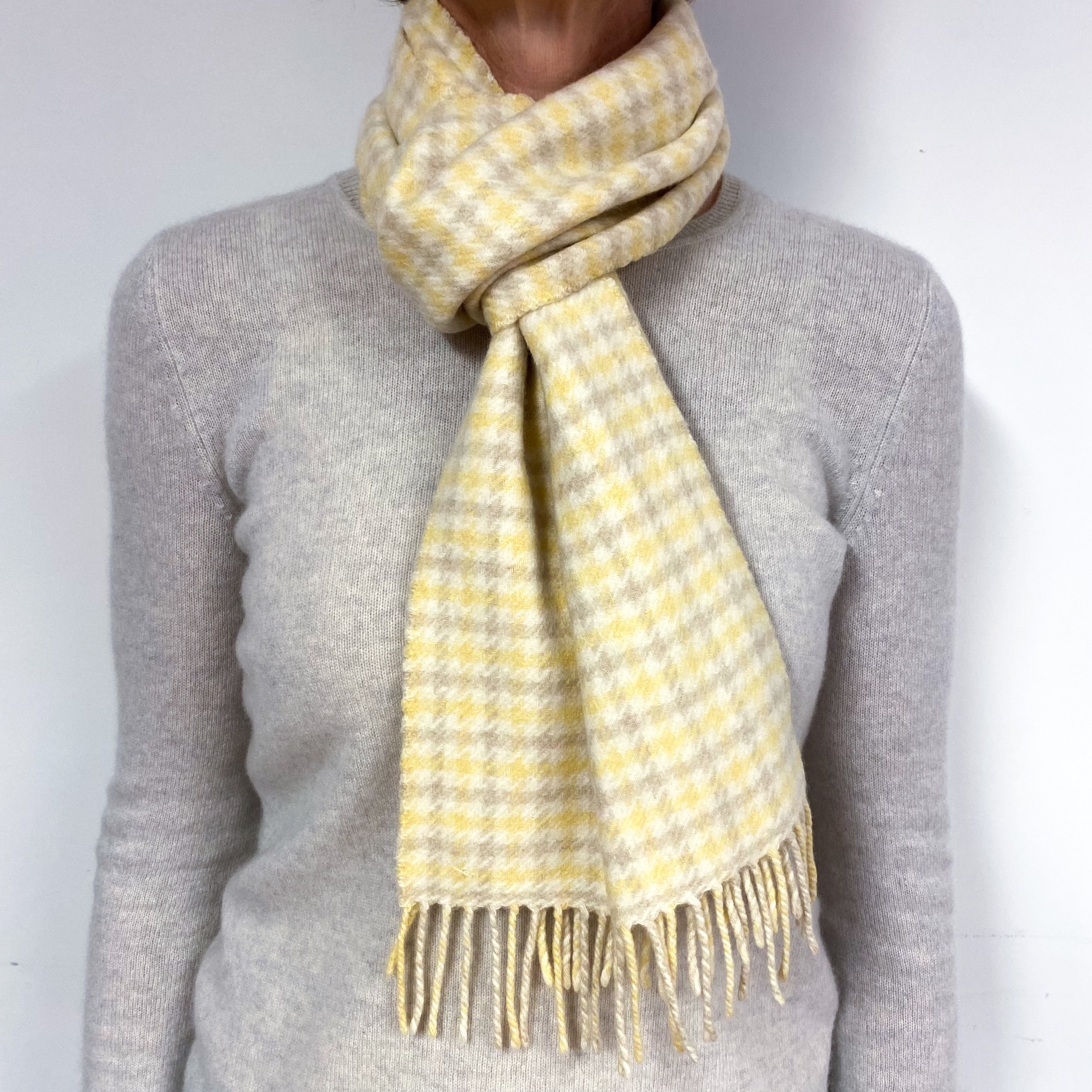 Cream and Beige Checked Cashmere Fringed Woven Scarf