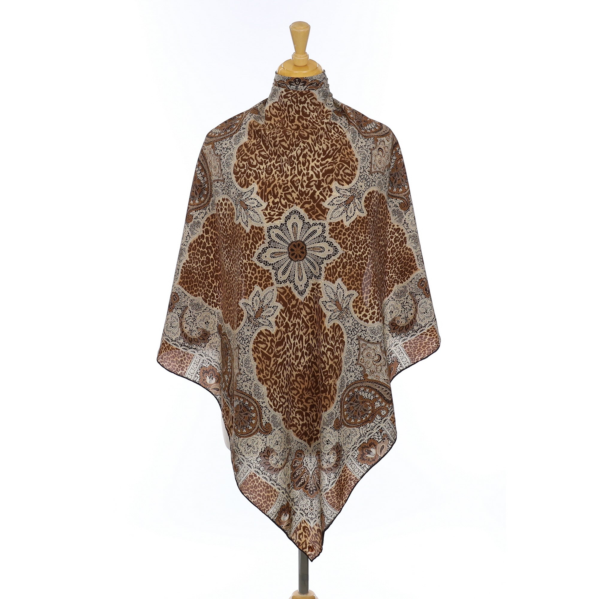Brown Lace and Animal Print Silk Scarf