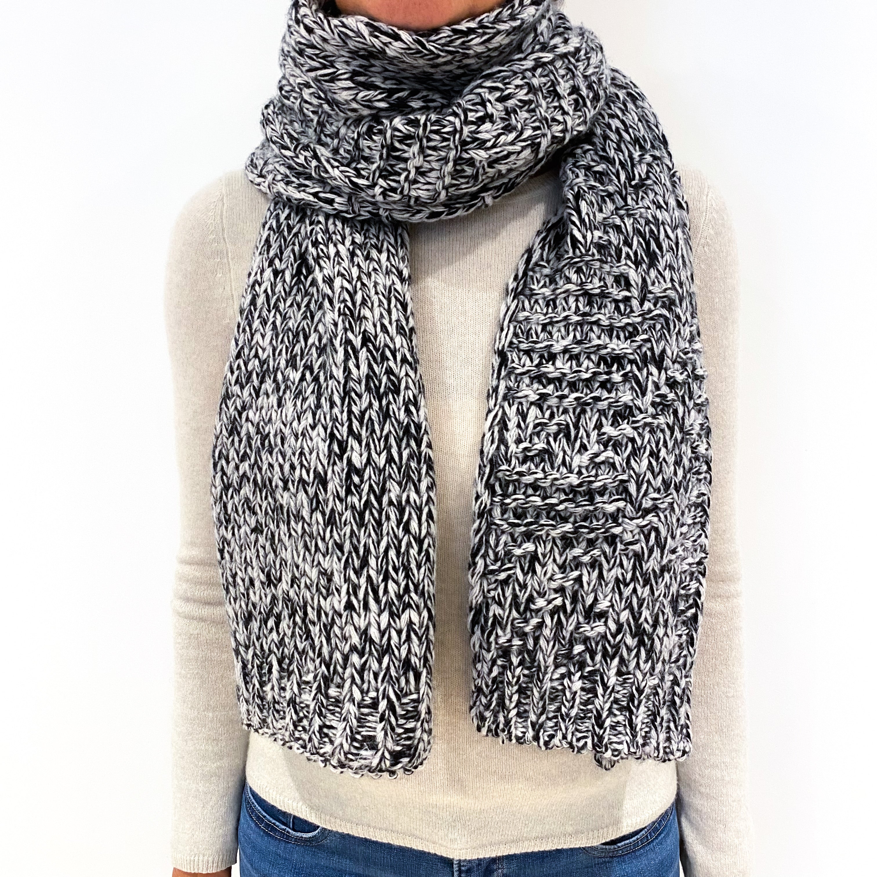 New Scottish Black and Frost Grey Marl Long Cashmere Scarf