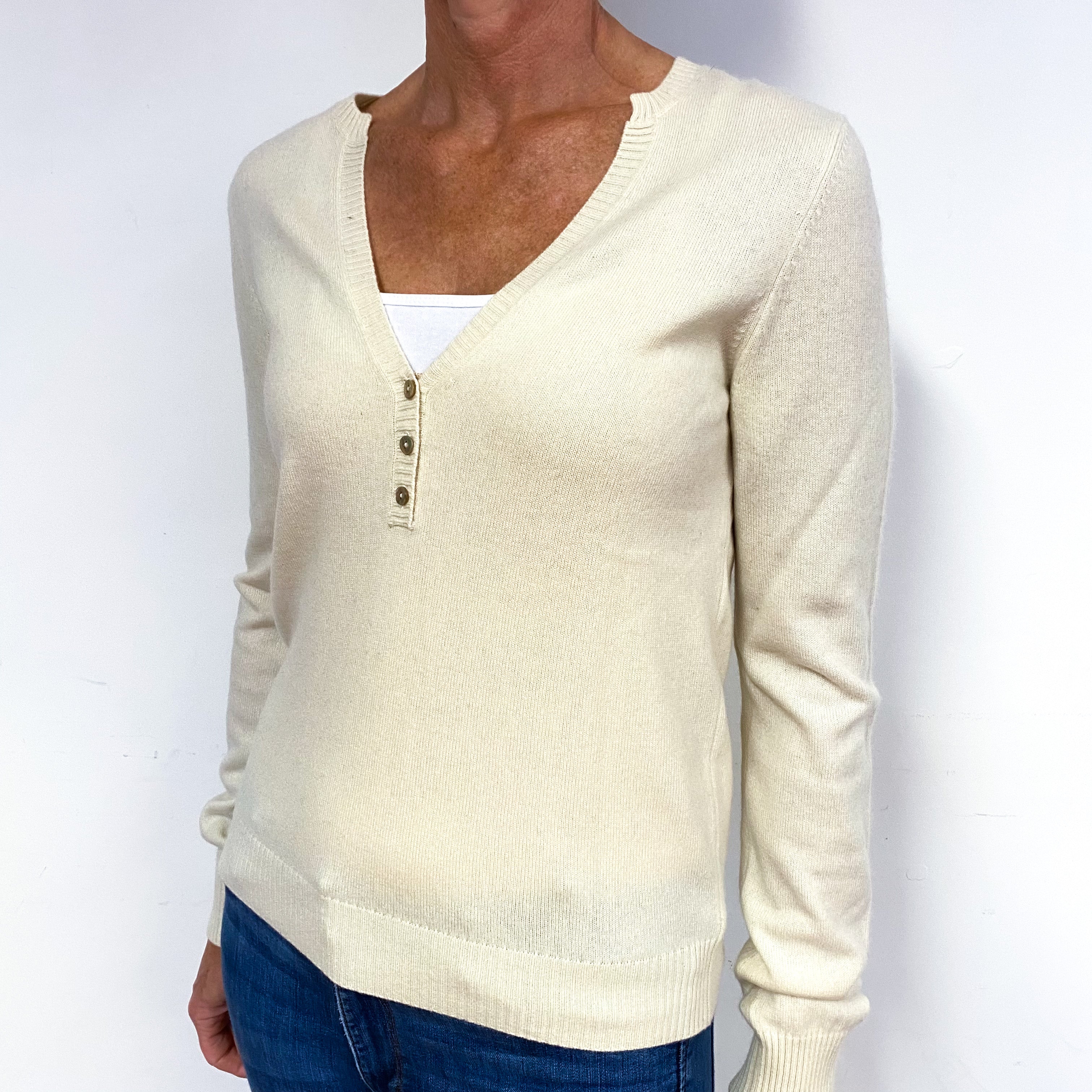 Cream Cashmere Buttoned V-Neck Jumper Medium
