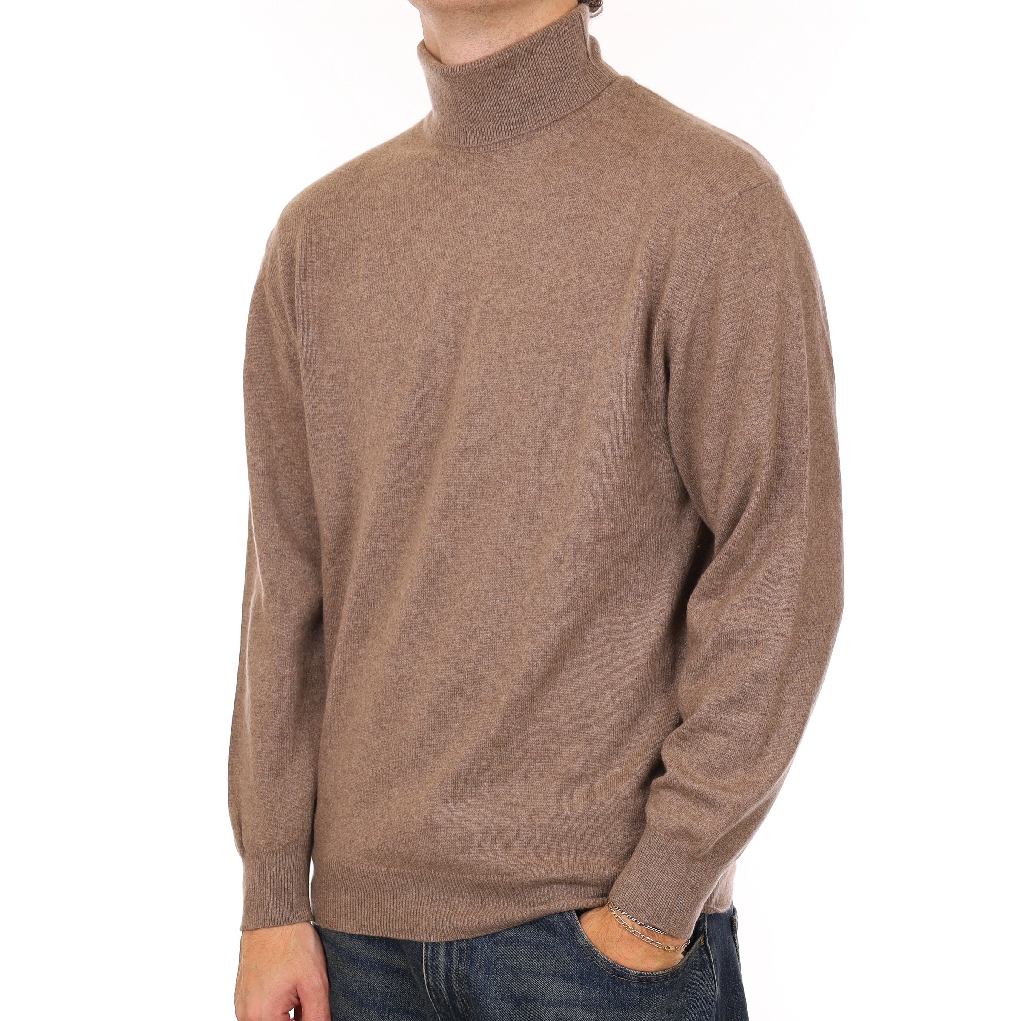 Men’s Taupe Brown Cashmere Polo Neck Jumper Medium