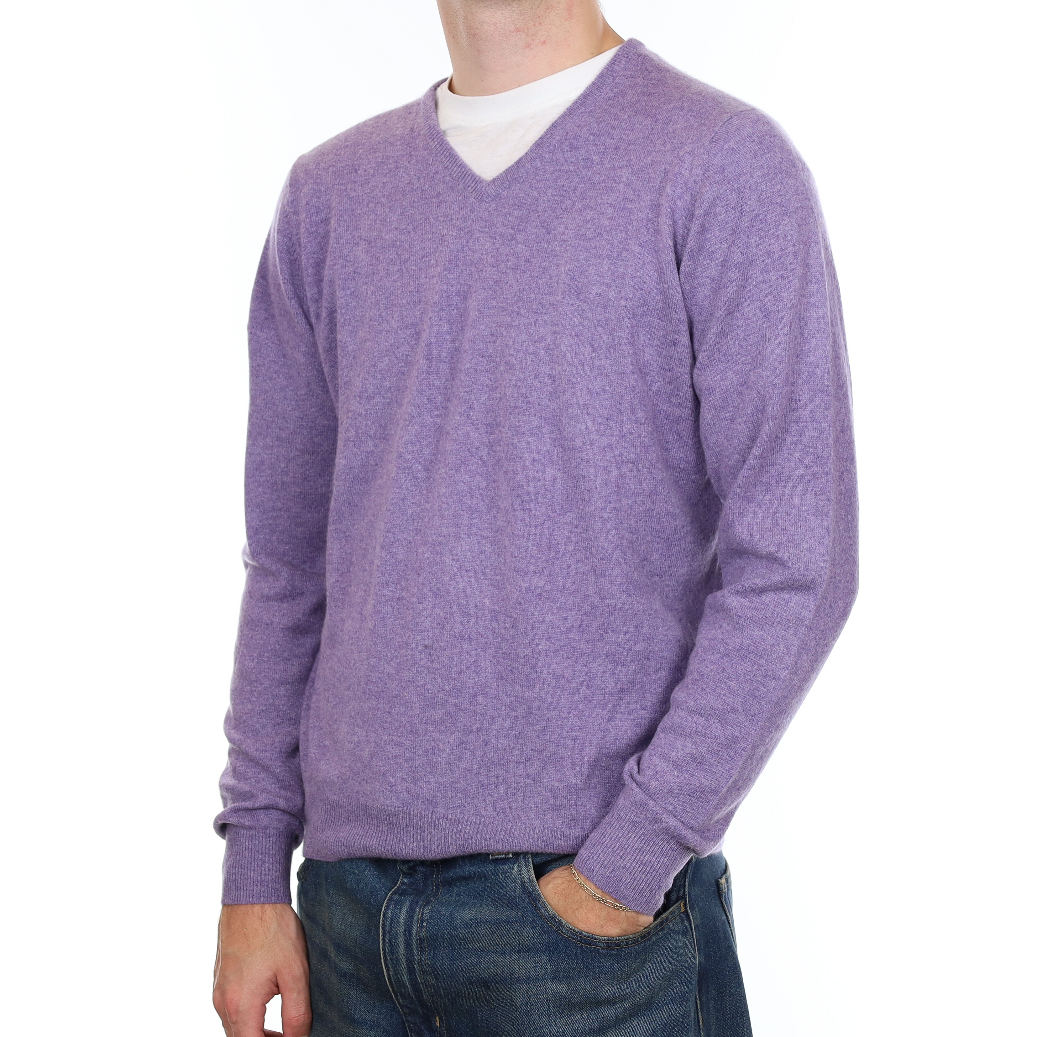 Men’s Lavender Purple Cashmere V Neck Jumper Medium