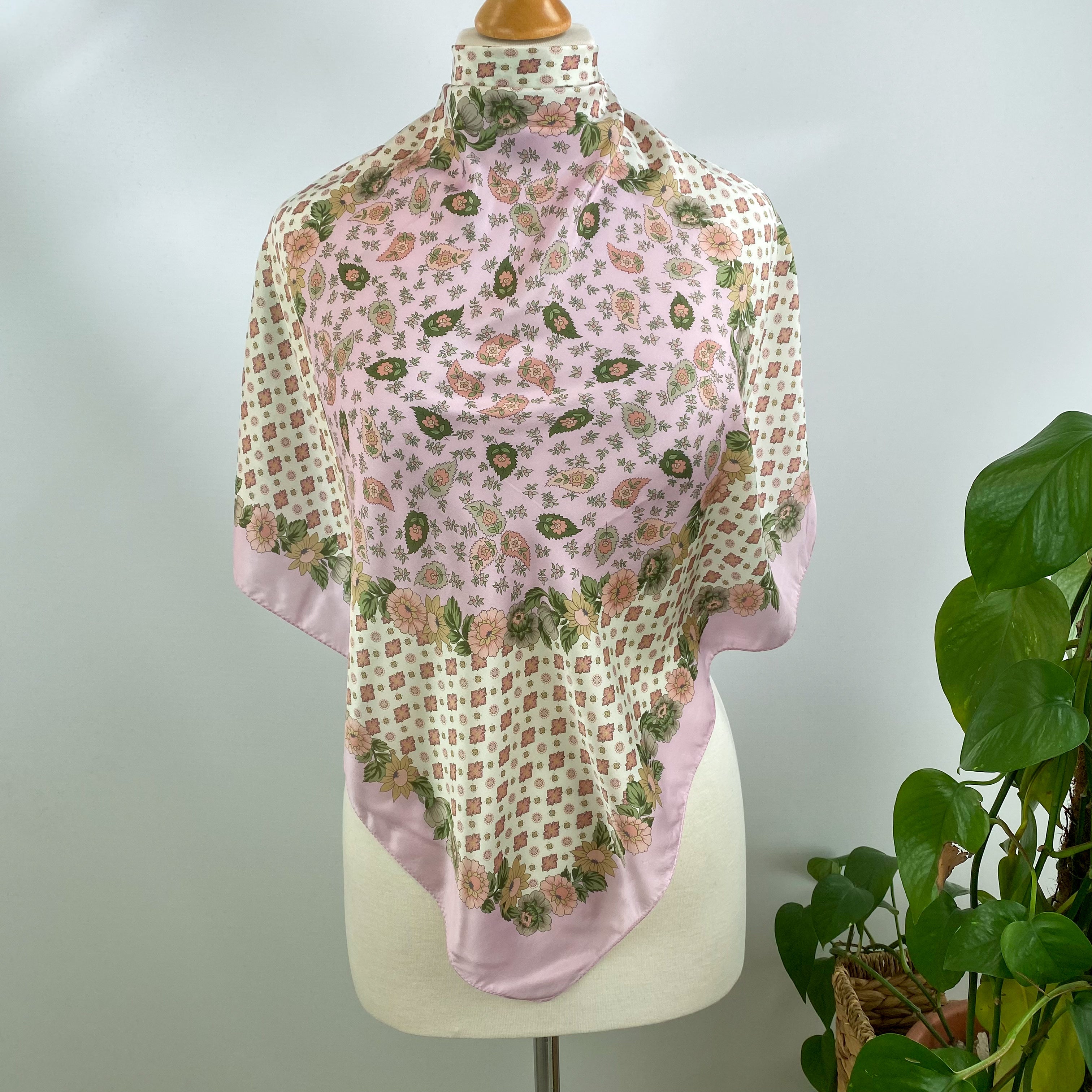 80’s Floral Geometric Pink, Green & Cream Silk Scarf