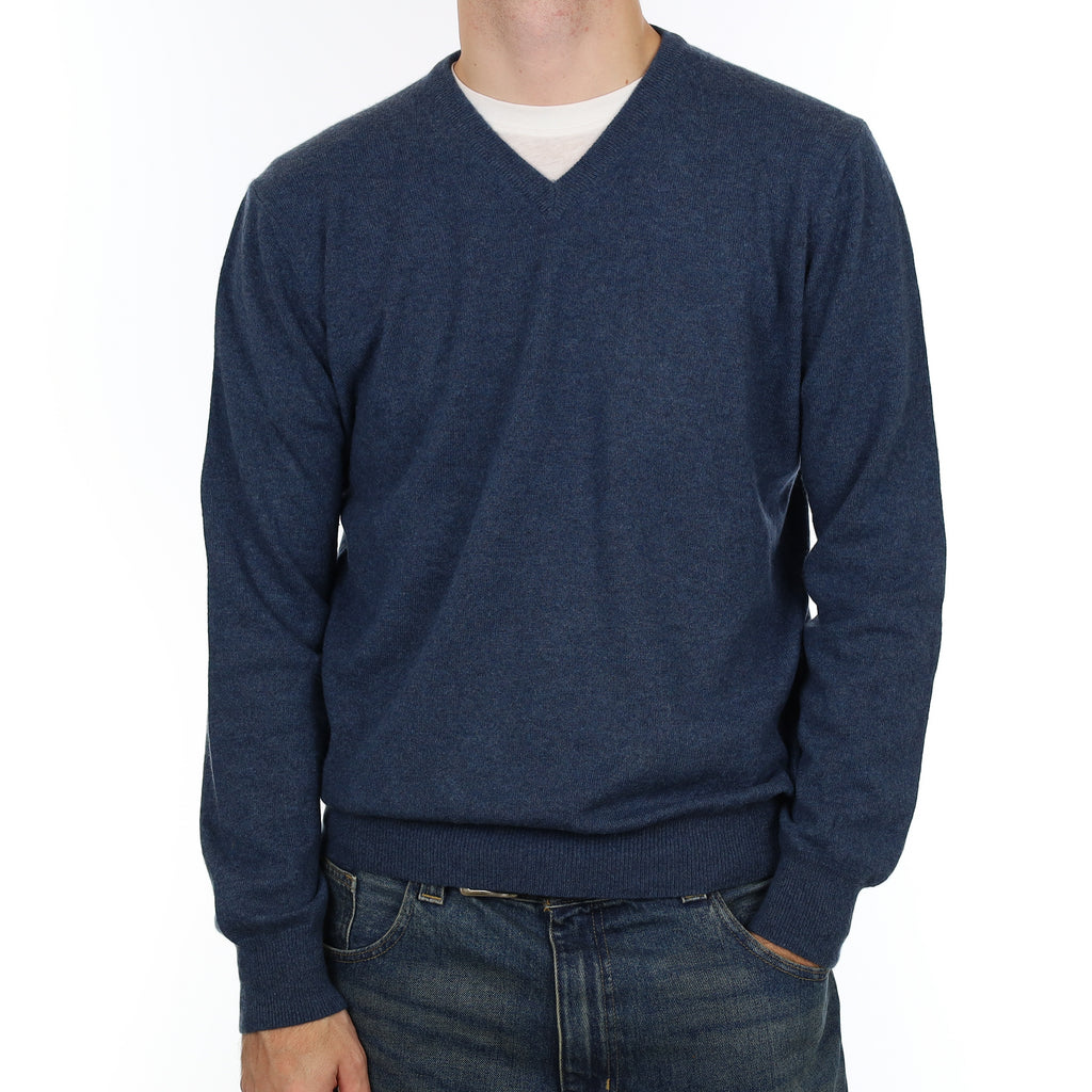 Men’s Naval Blue Cashmere V Neck Jumper Large