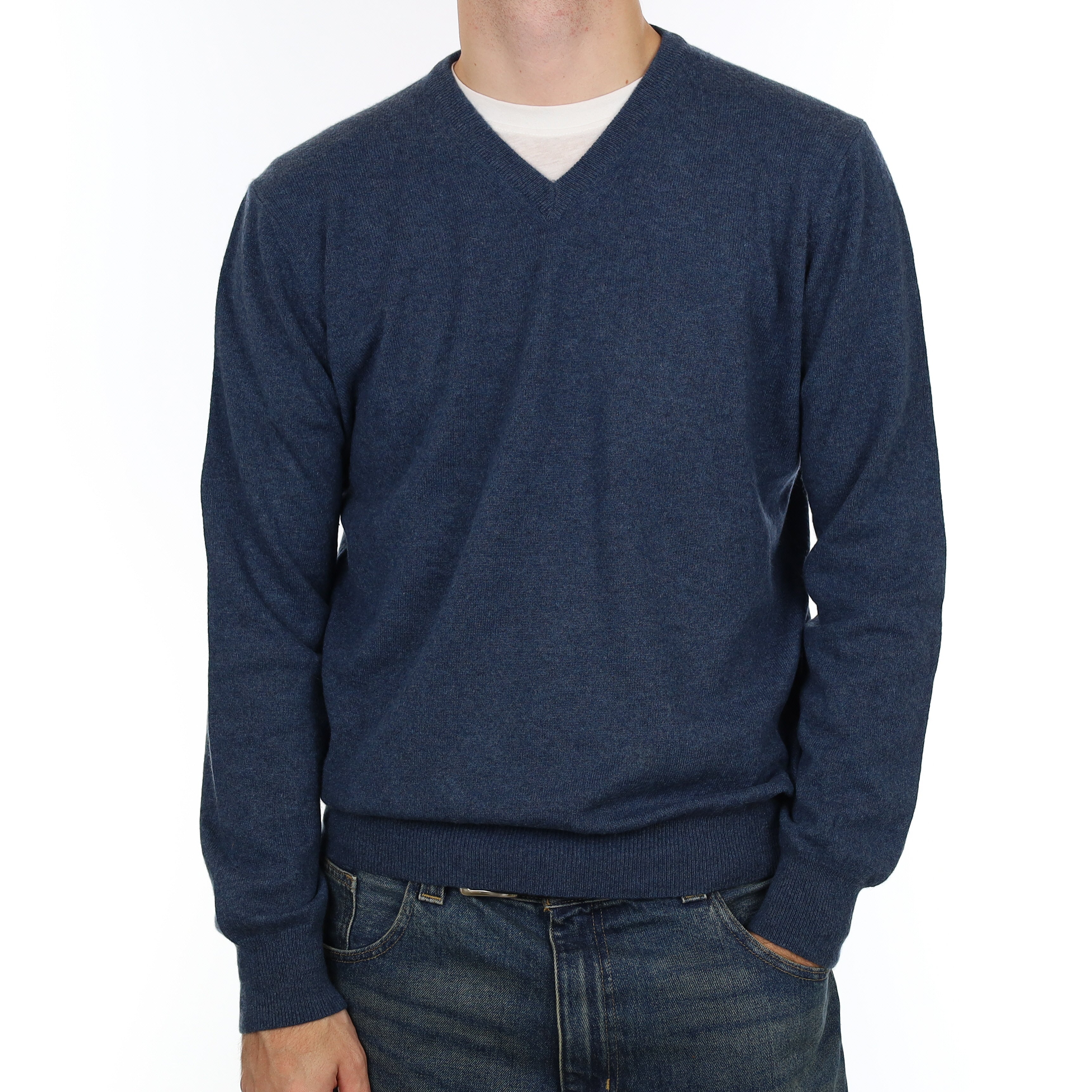 Men’s Naval Blue Cashmere V Neck Jumper Large