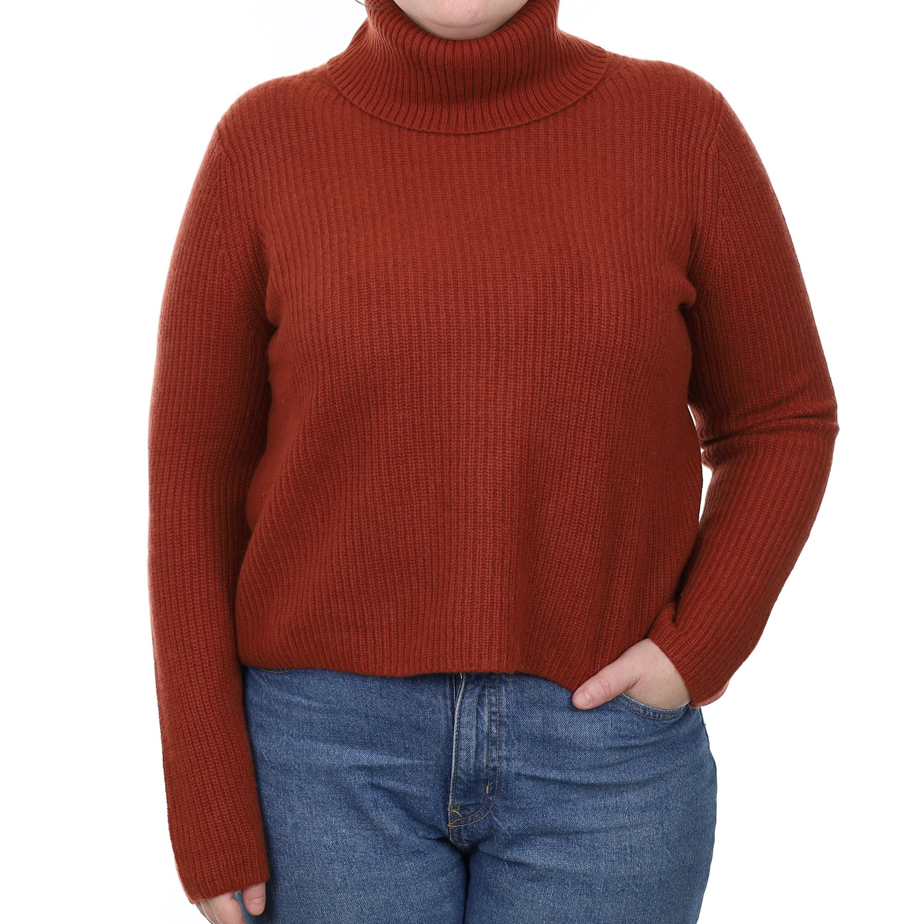Rust Chunky Ribbed Cashmere Polo Neck Jumper Large