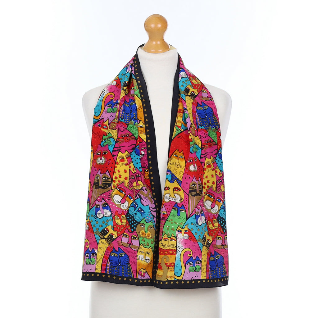 Multicoloured Cat Theme Long Silk Scarf