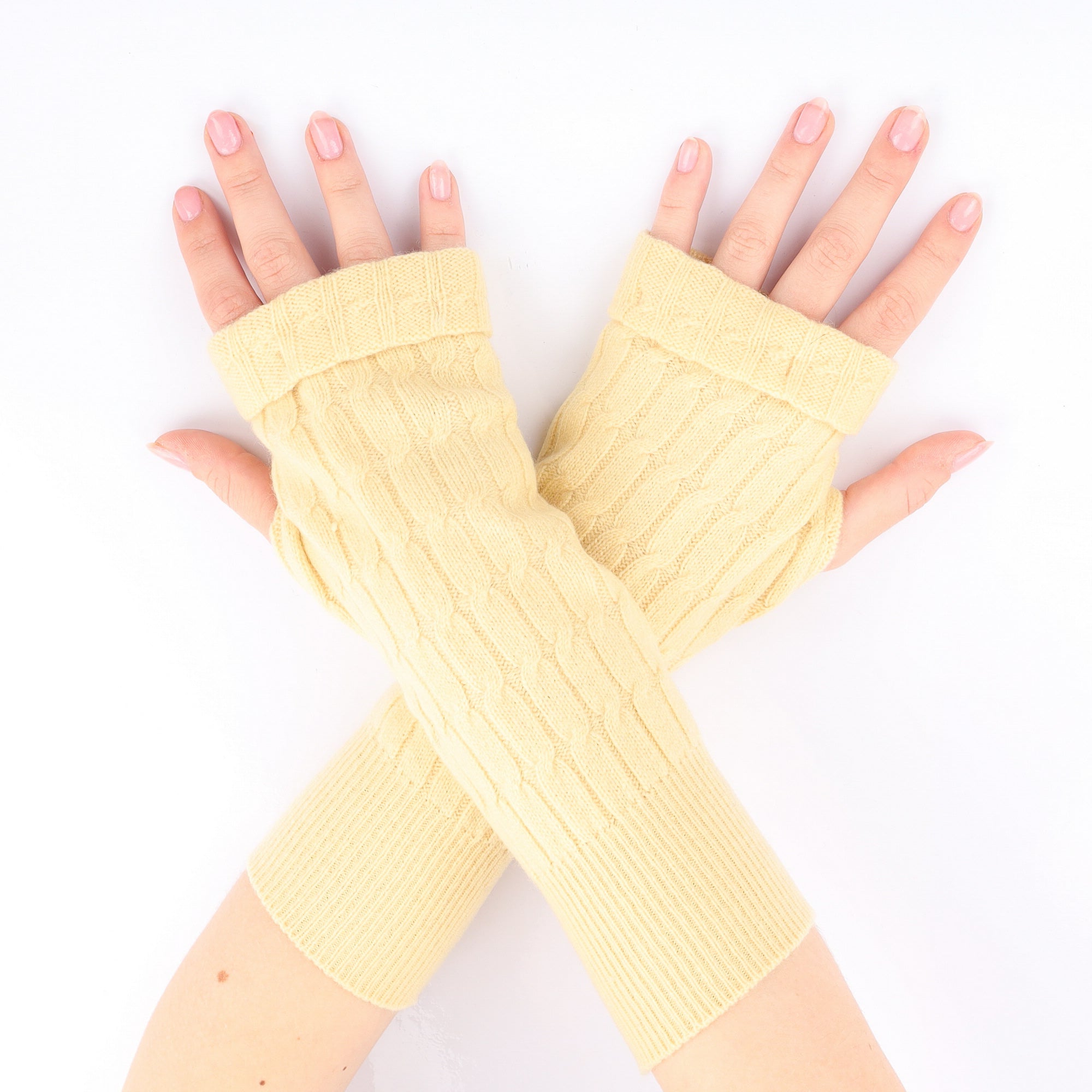 Buttermilk Yellow Cable Fingerless Gloves