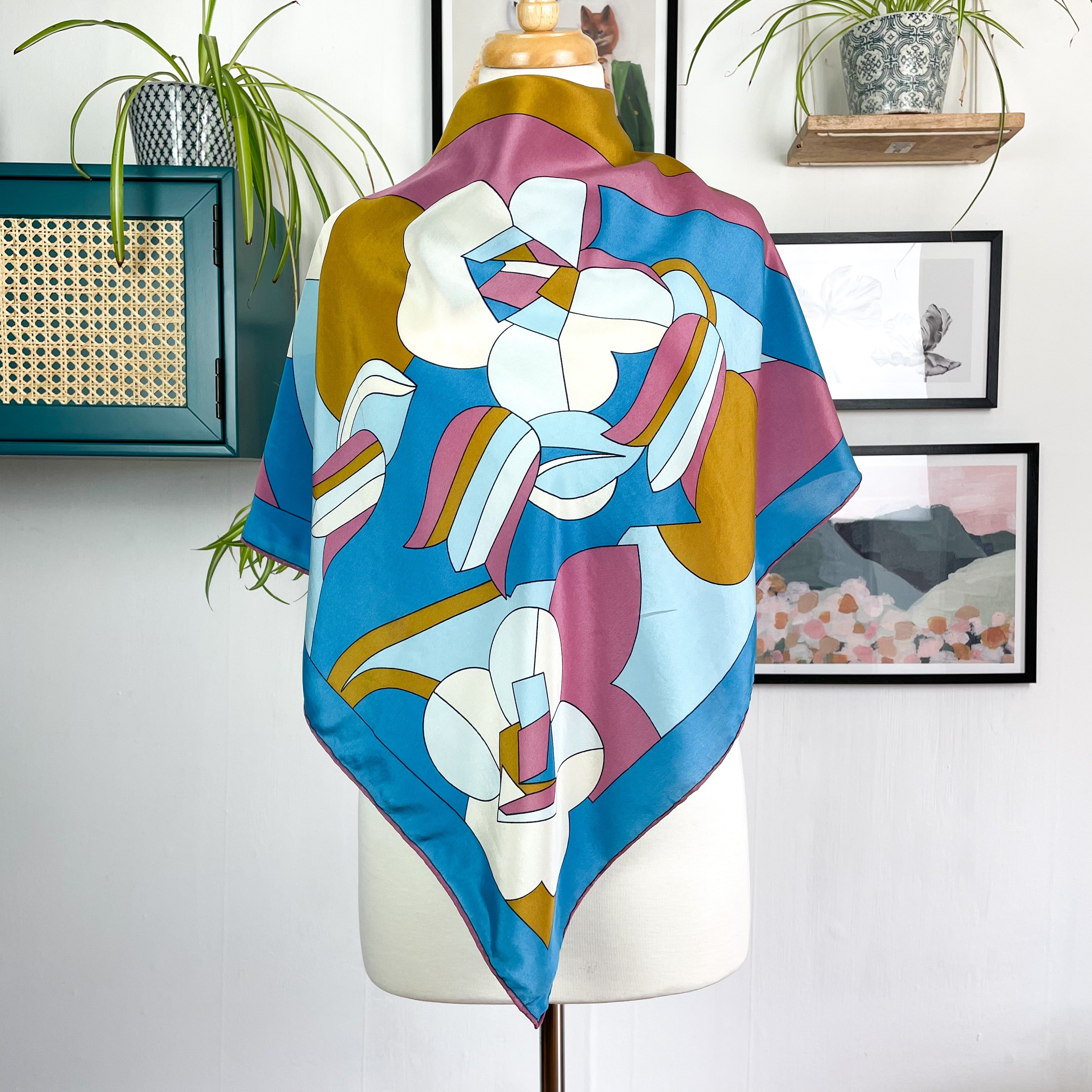 1970s Colourful Abstract Design Italian Vintage Silk Scarf