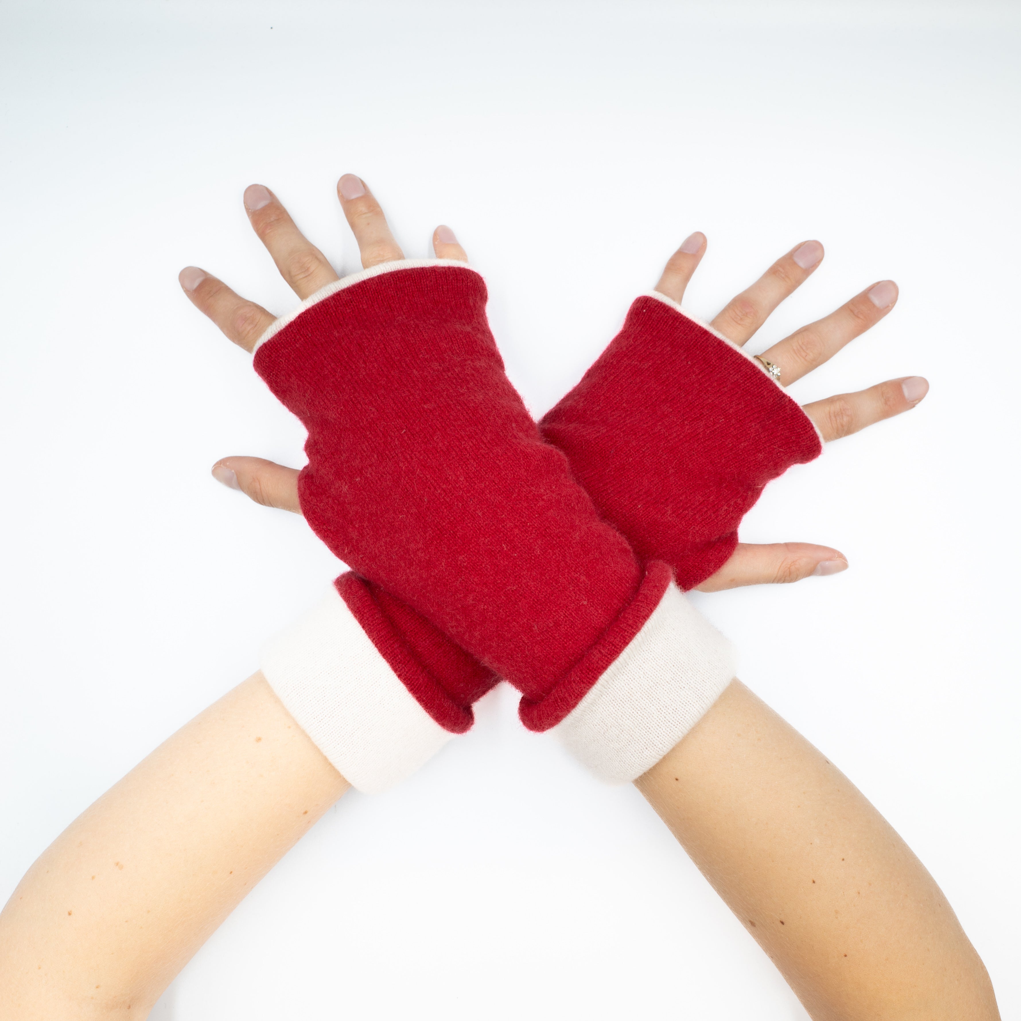 Post Box Red and Cream Reversible Fingerless Gloves