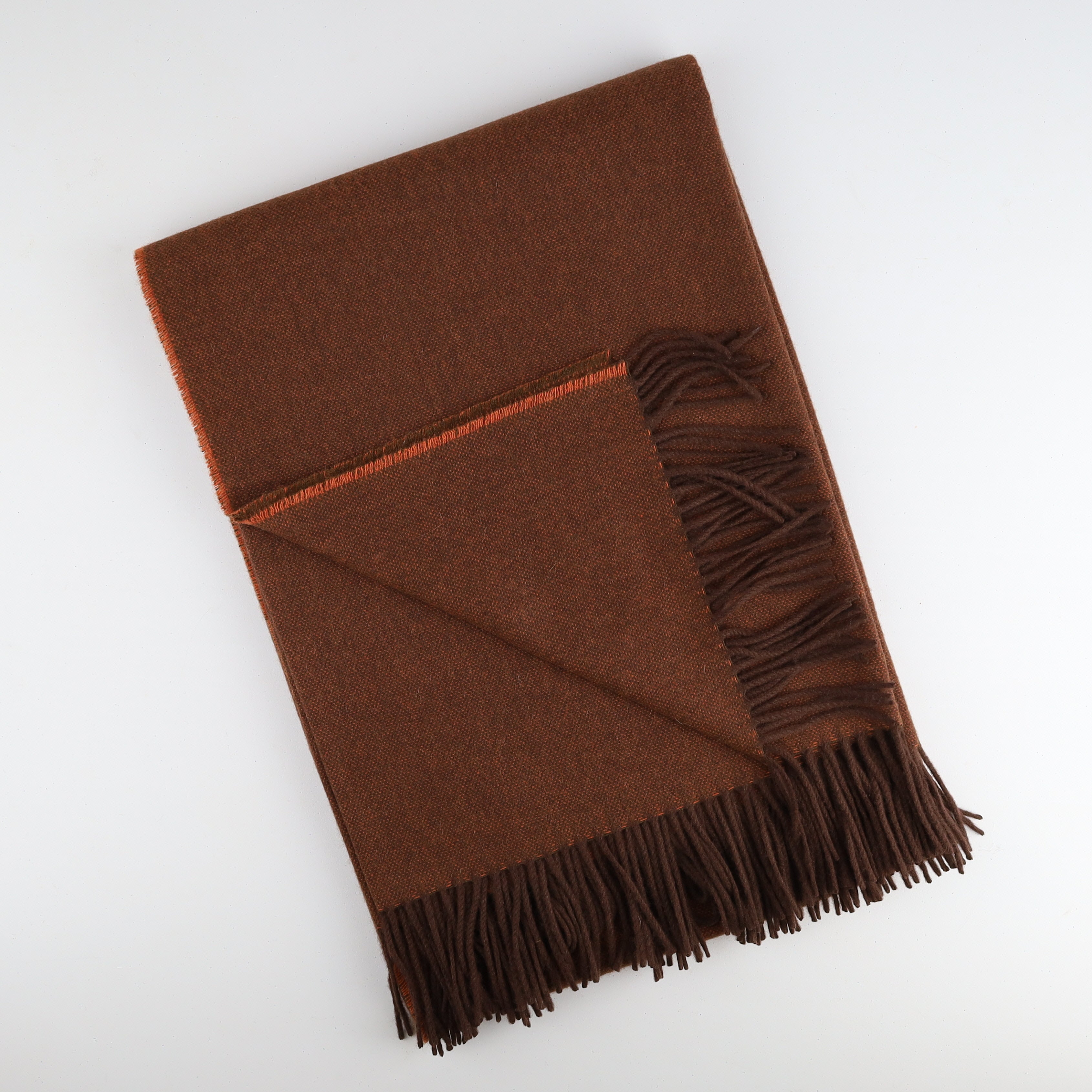Brand New English Burnt Orange and Chocolate Marl Luxury Woven Cashmere Blanket