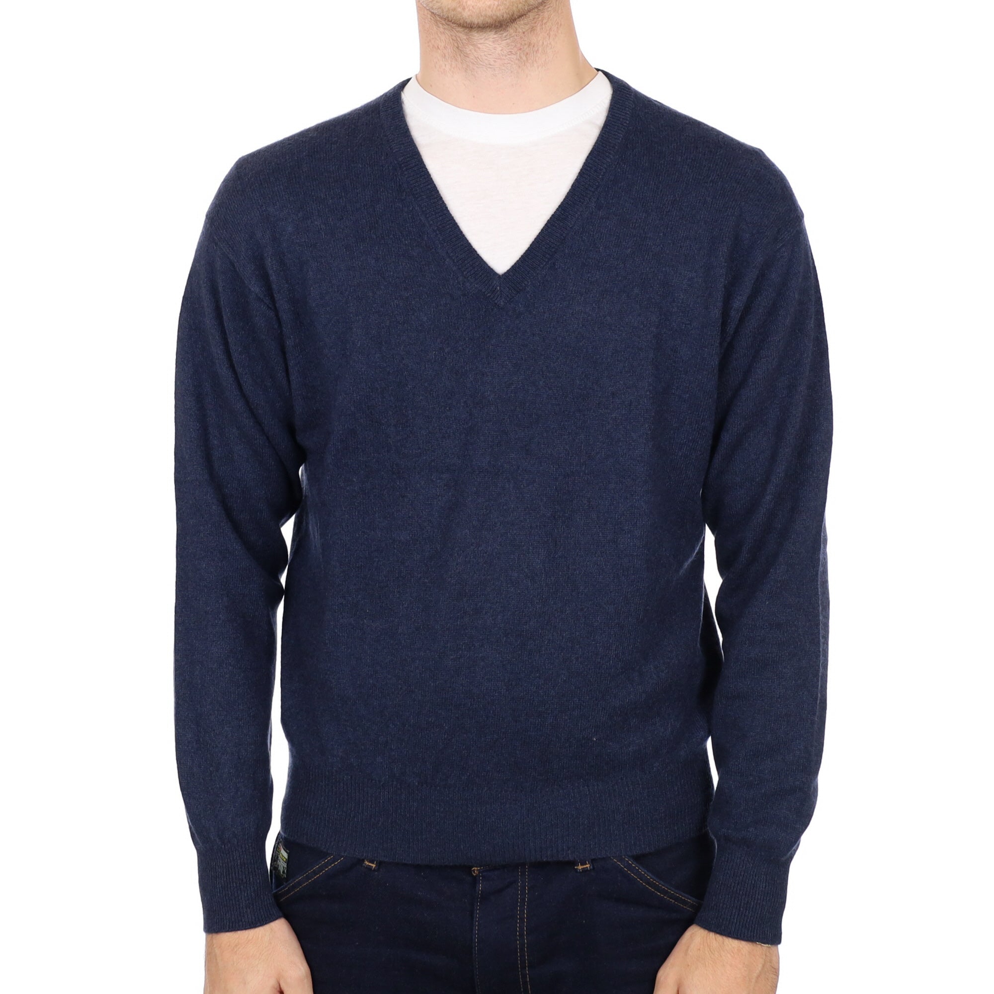 Men's Midnight Blue Cashmere V Neck Jumper Medium