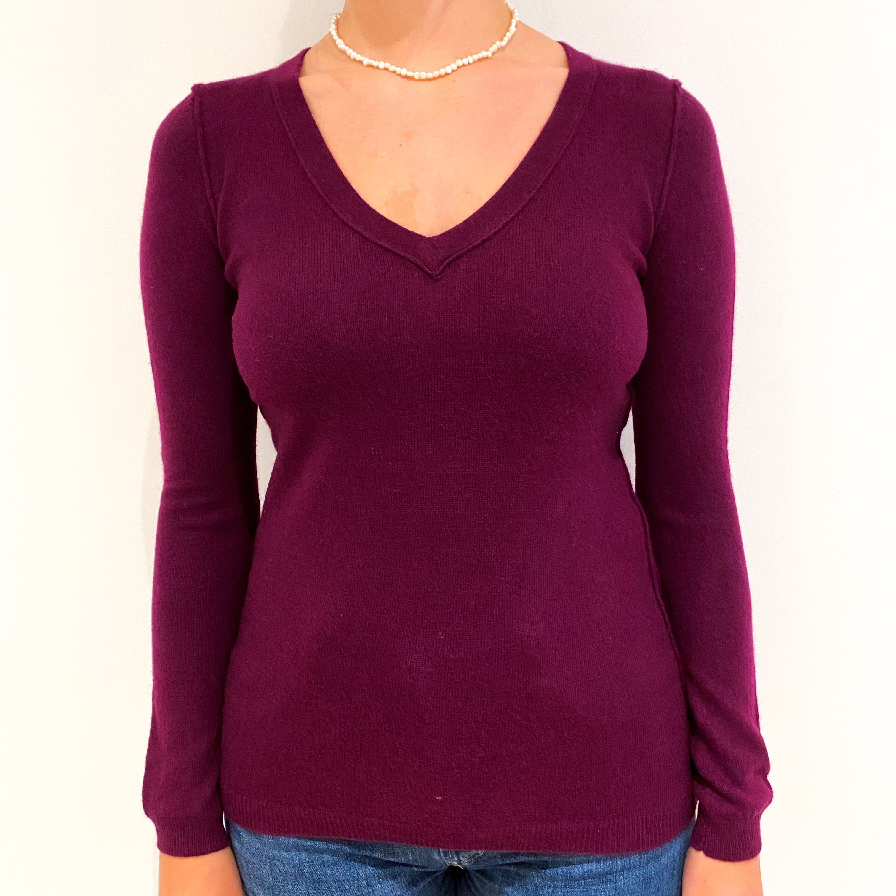 Wine Red Cashmere V-Neck Jumper Small