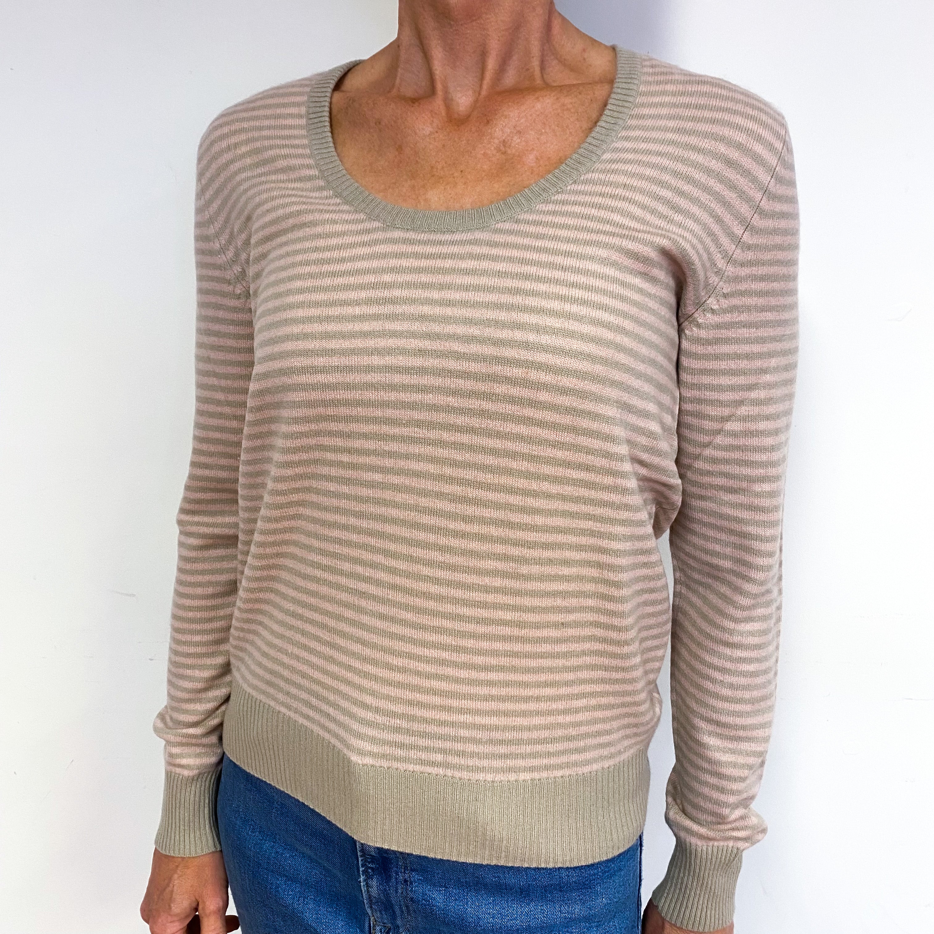 Shell Pink Fawn Stripe Cashmere Scoop Neck Jumper Medium