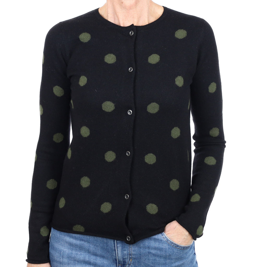 Black and Sage Spotted Cashmere Crew Neck Cardigan Small