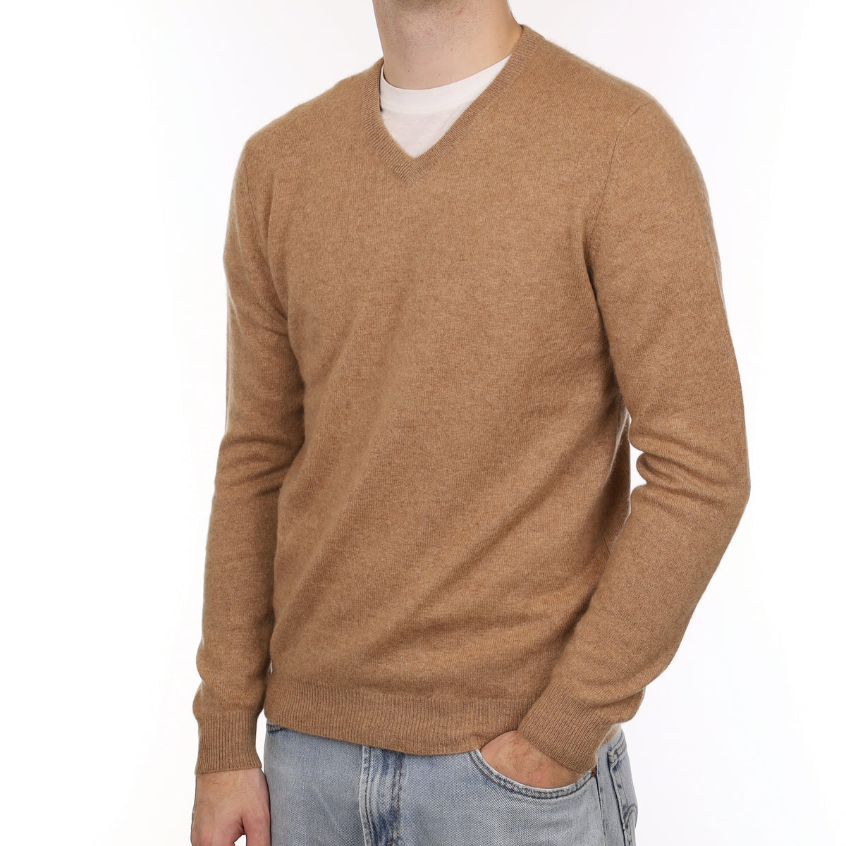Men's Toffee Brown Cashmere V Neck Jumper Medium