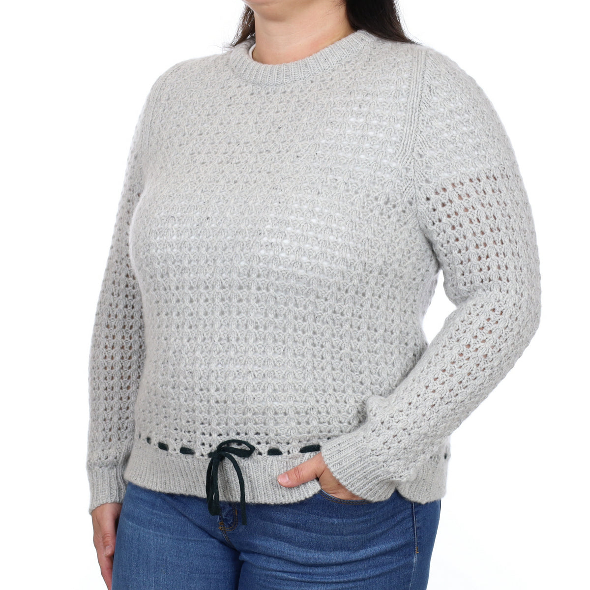 Brand New Scottish Grey Chunky Lace Knit Cashmere Crew Neck Jumper Large