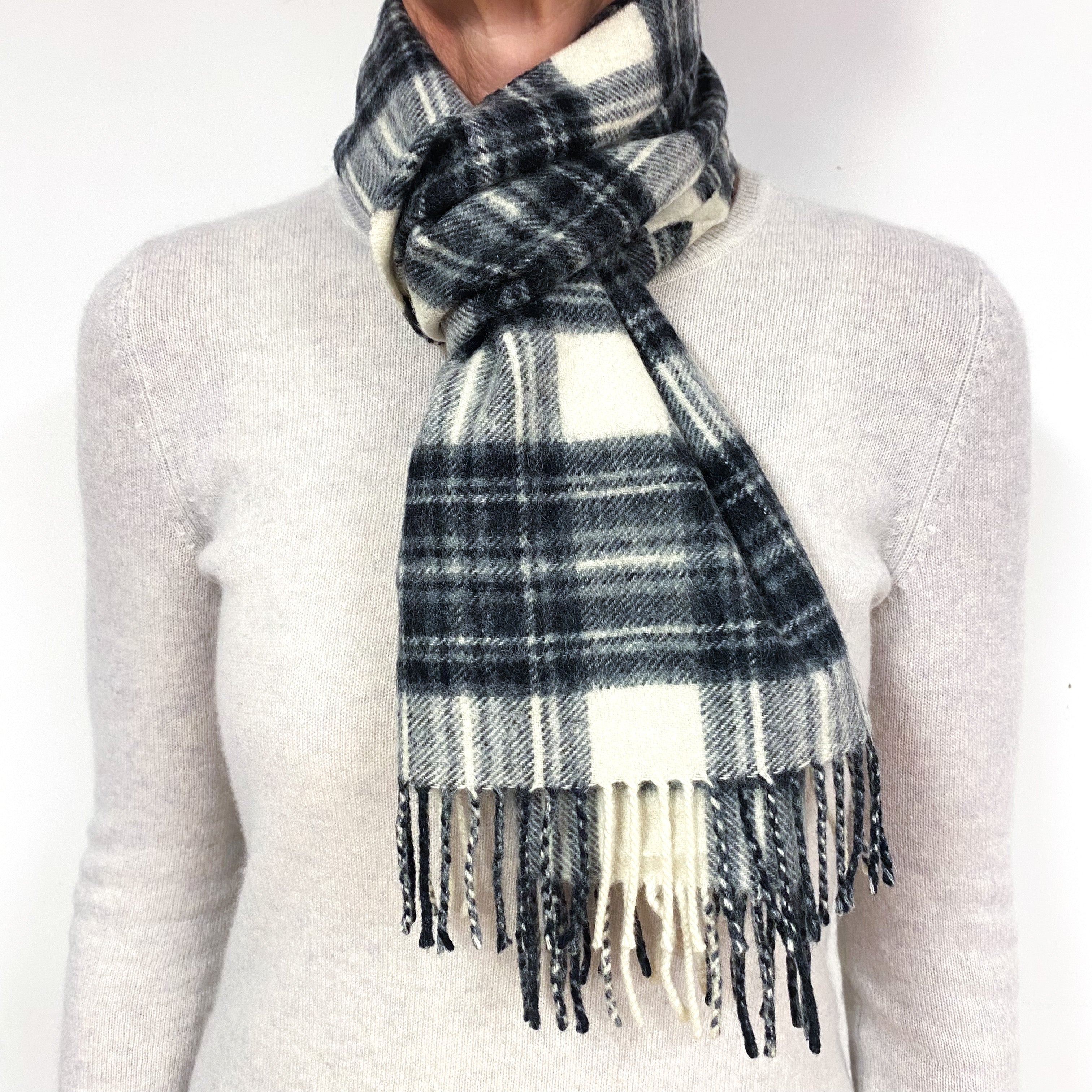 Charcoal and Cream Tartan Fringed Cashmere Woven Scarf