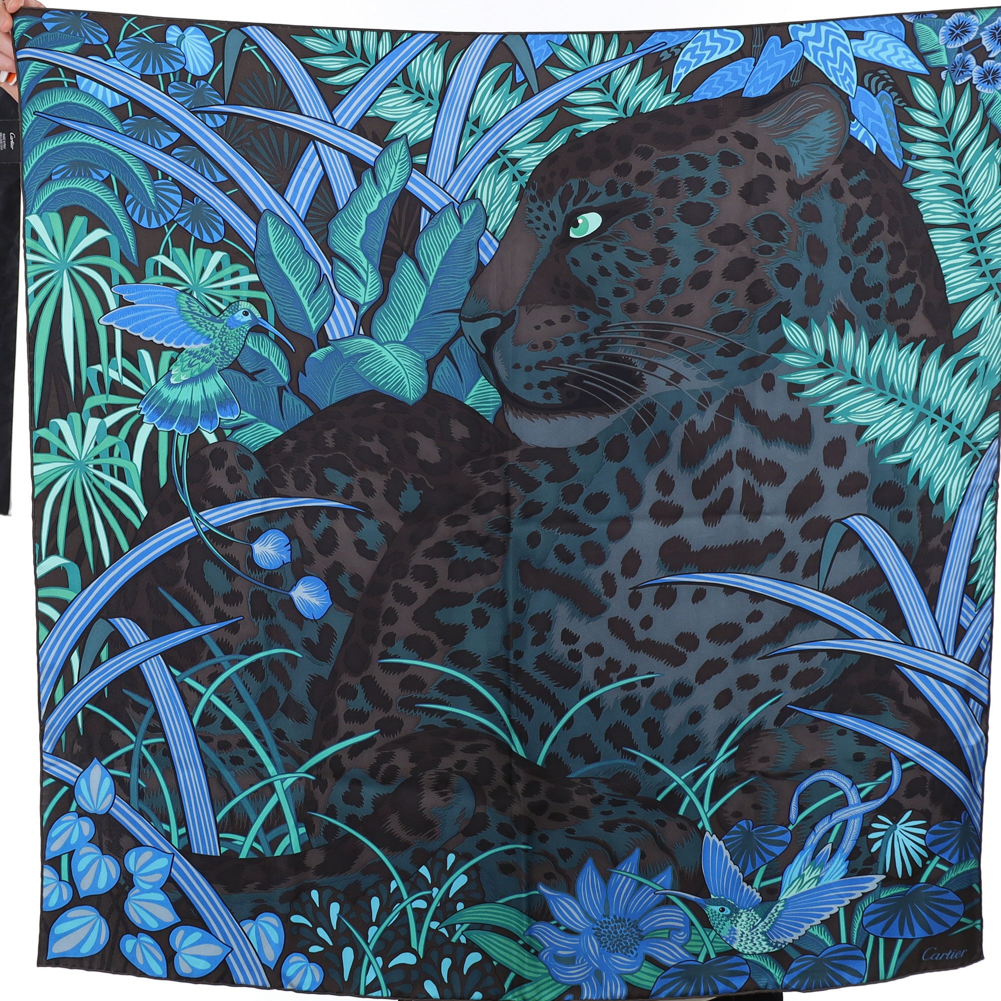 Brand New Boxed Cartier Blue Green and Brown Panther Silk Scarf