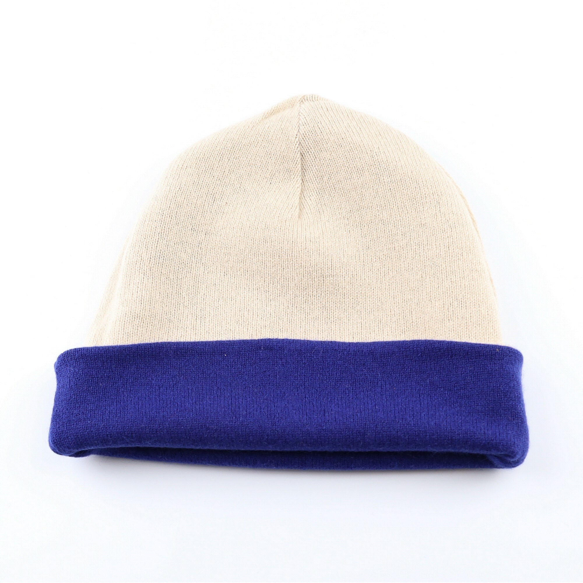 Azure Blue and Biscuit Beige Reversible Cashmere Beanie Hat