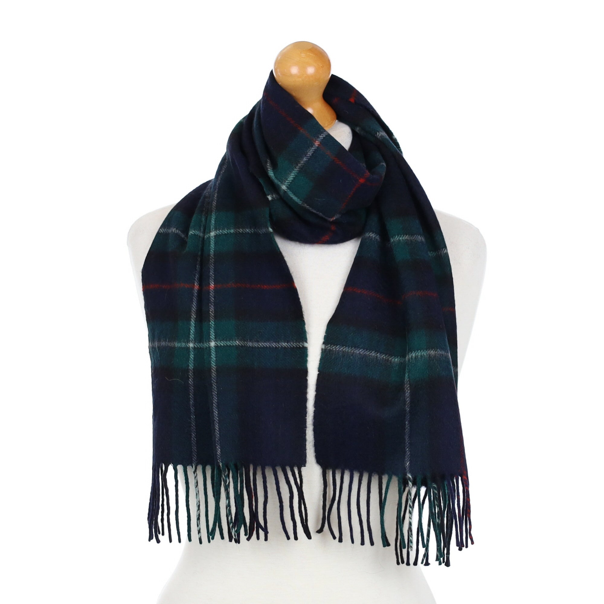 Navy and Green Checked Cashmere Fringed Woven Scarf