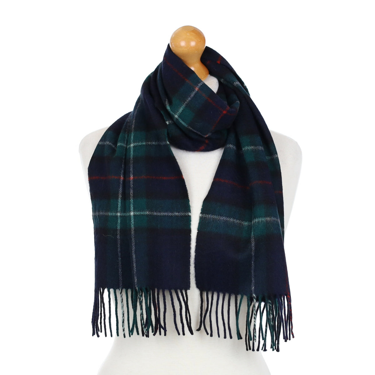 Navy and Green Checked Cashmere Fringed Woven Scarf
