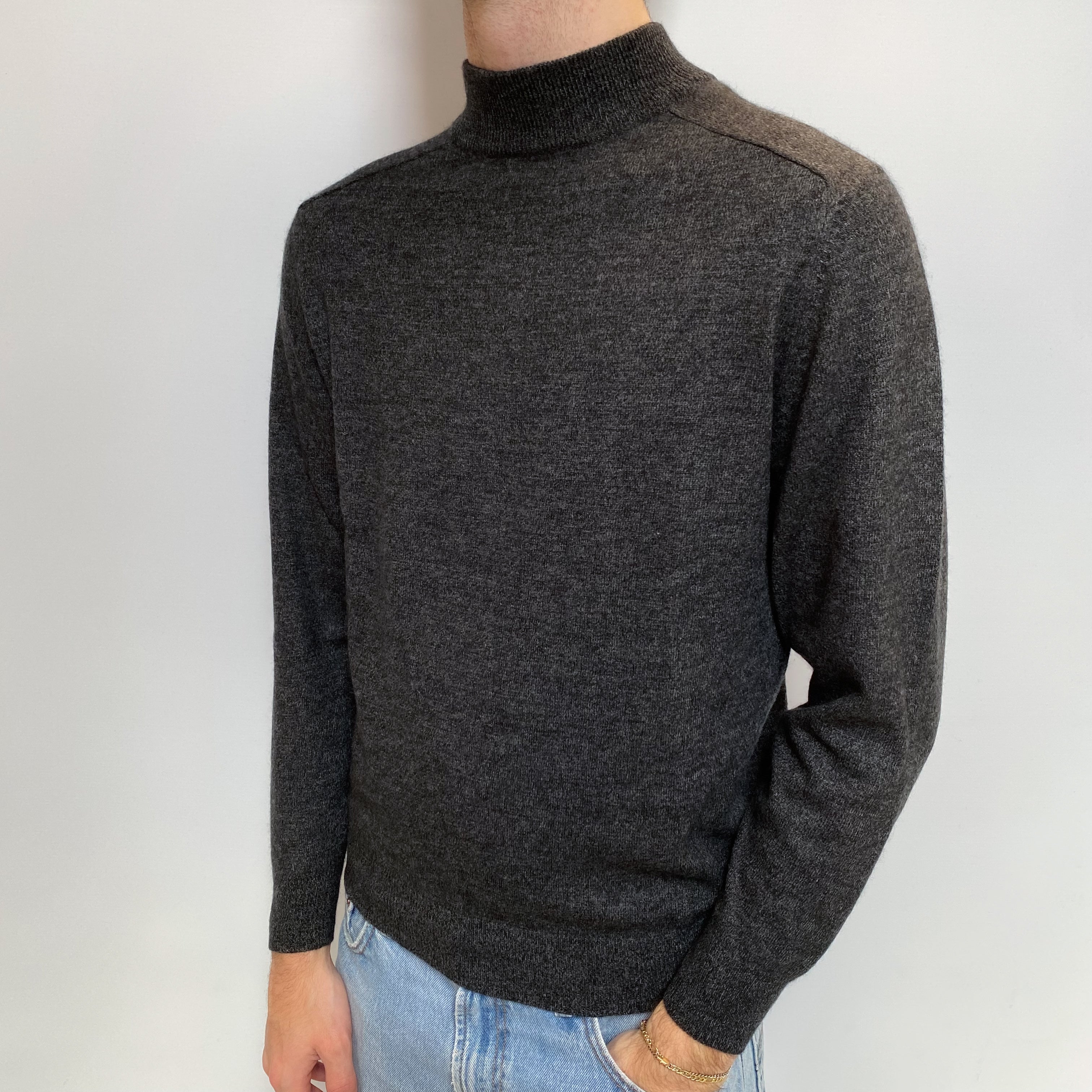 Men's Dark Grey Cashmere Turtle Neck Jumper Large