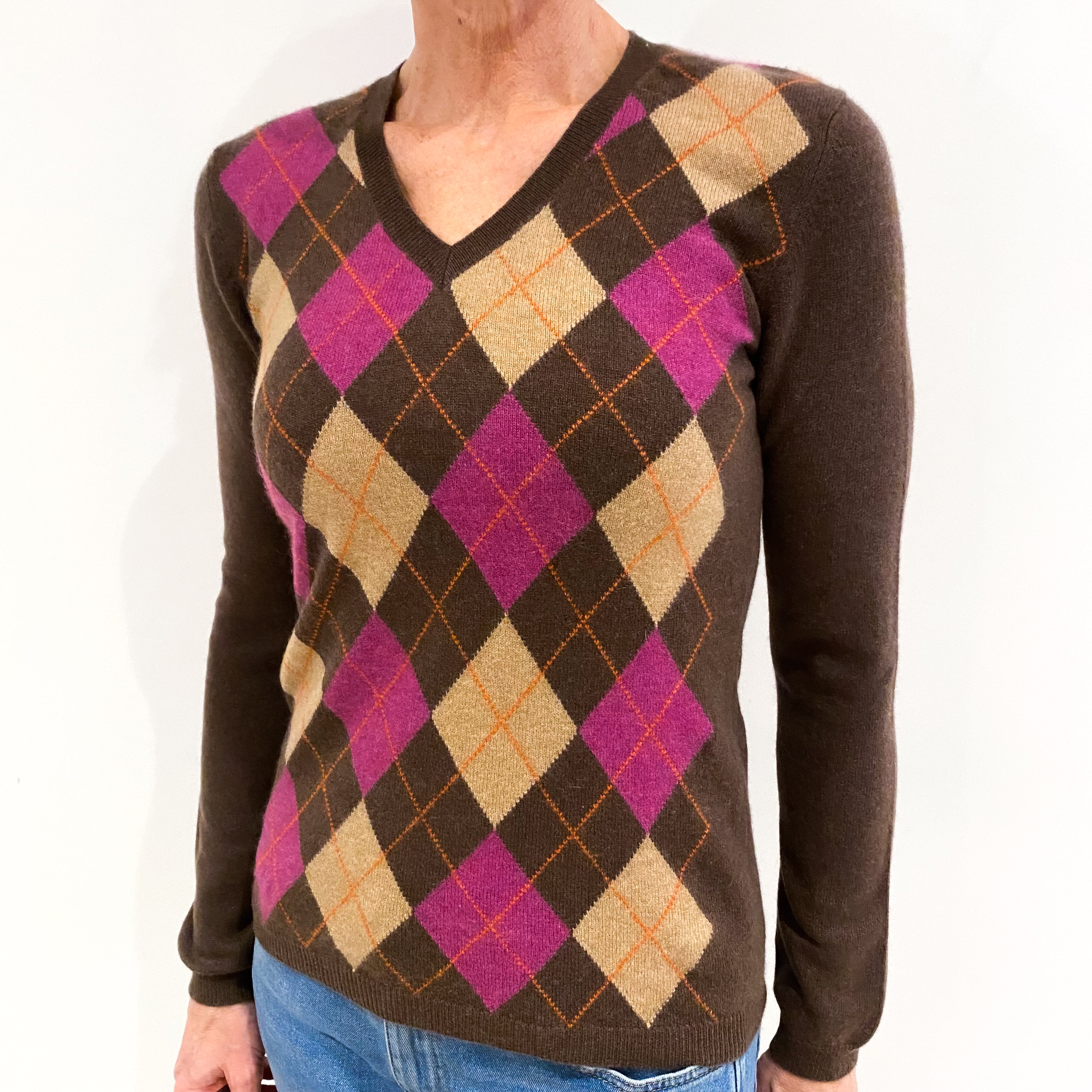 Milk Chocolate and Magenta Argyle Cashmere V Neck Jumper Small