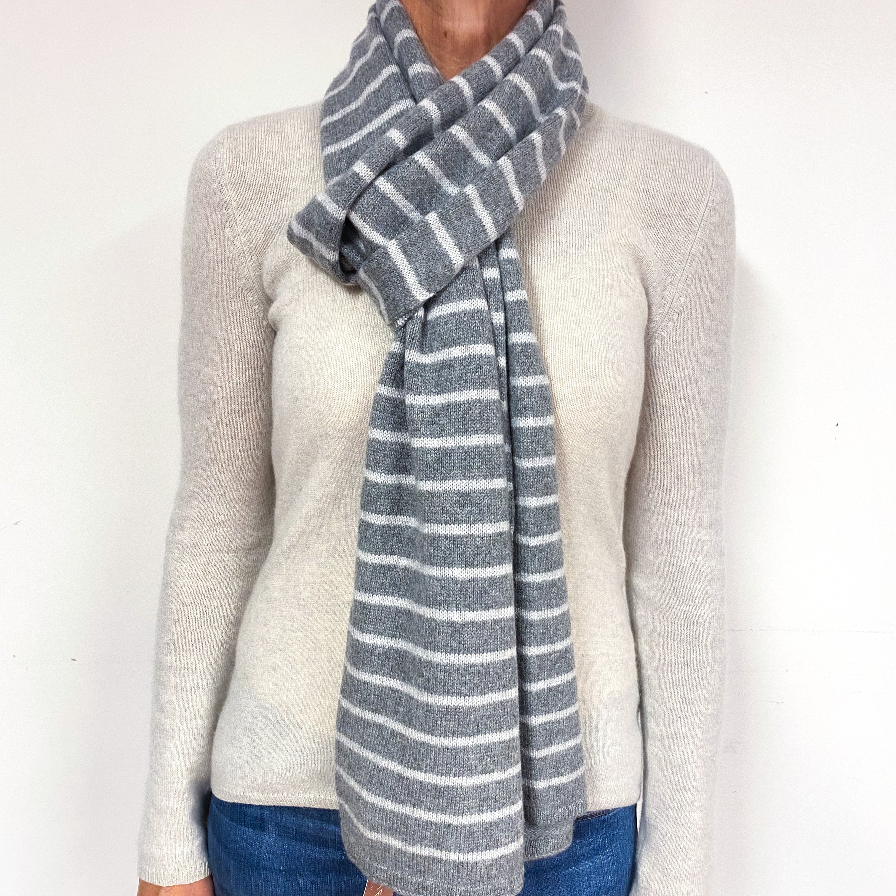 Ash Grey Striped Long Cashmere Scarf