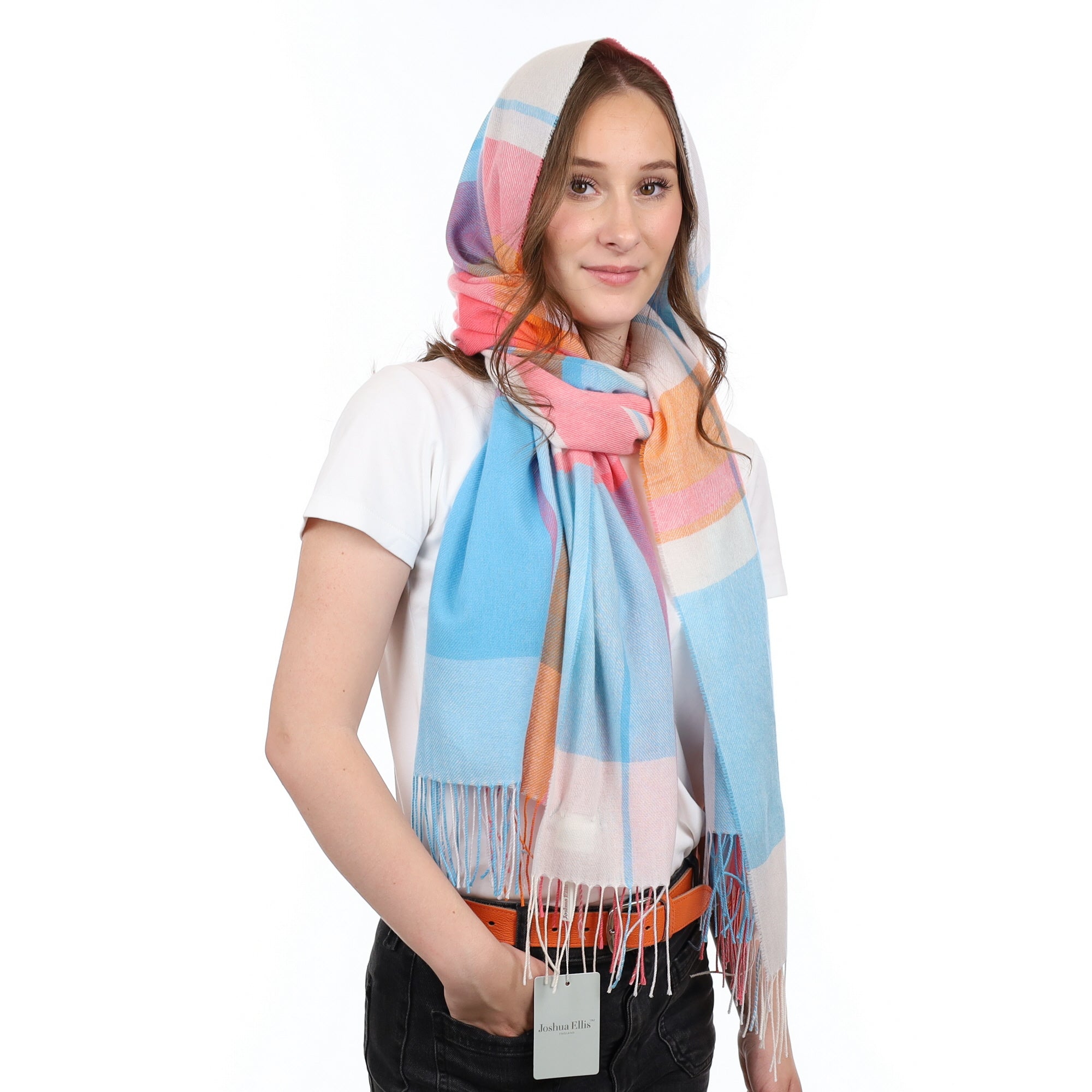 Brand New British Coral & Aqua Plaid Luxury Woven Cashmere Pashmina