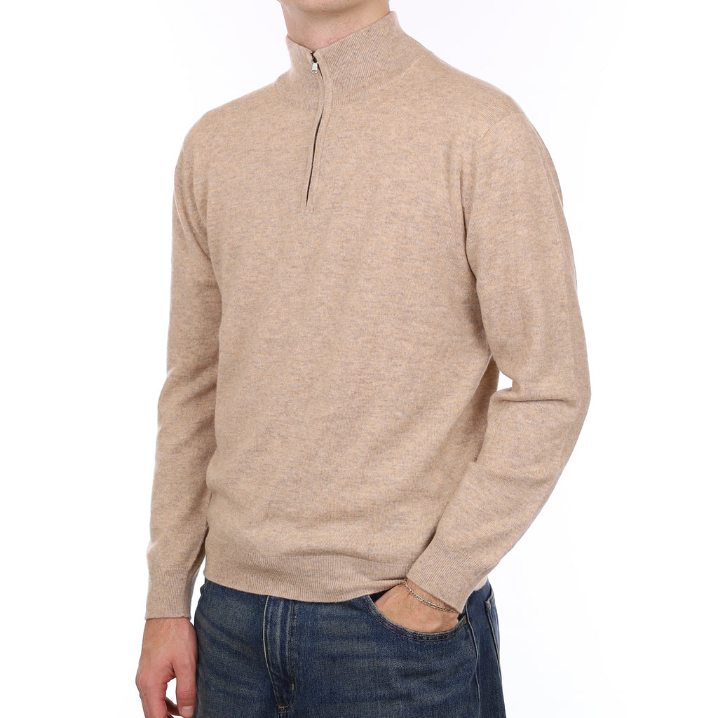 Men’s Brand New Scottish Biscuit Brown Marl Cashmere 1/4 Zip Jumper Medium