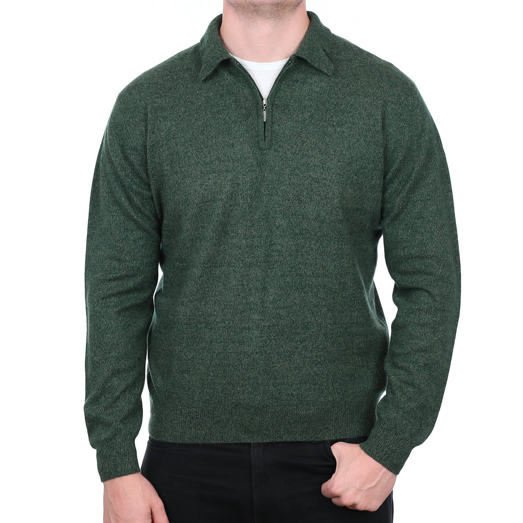 Men’s Yorn Moss Green Marl Cashmere Collared 1/4 Zip Jumper XL