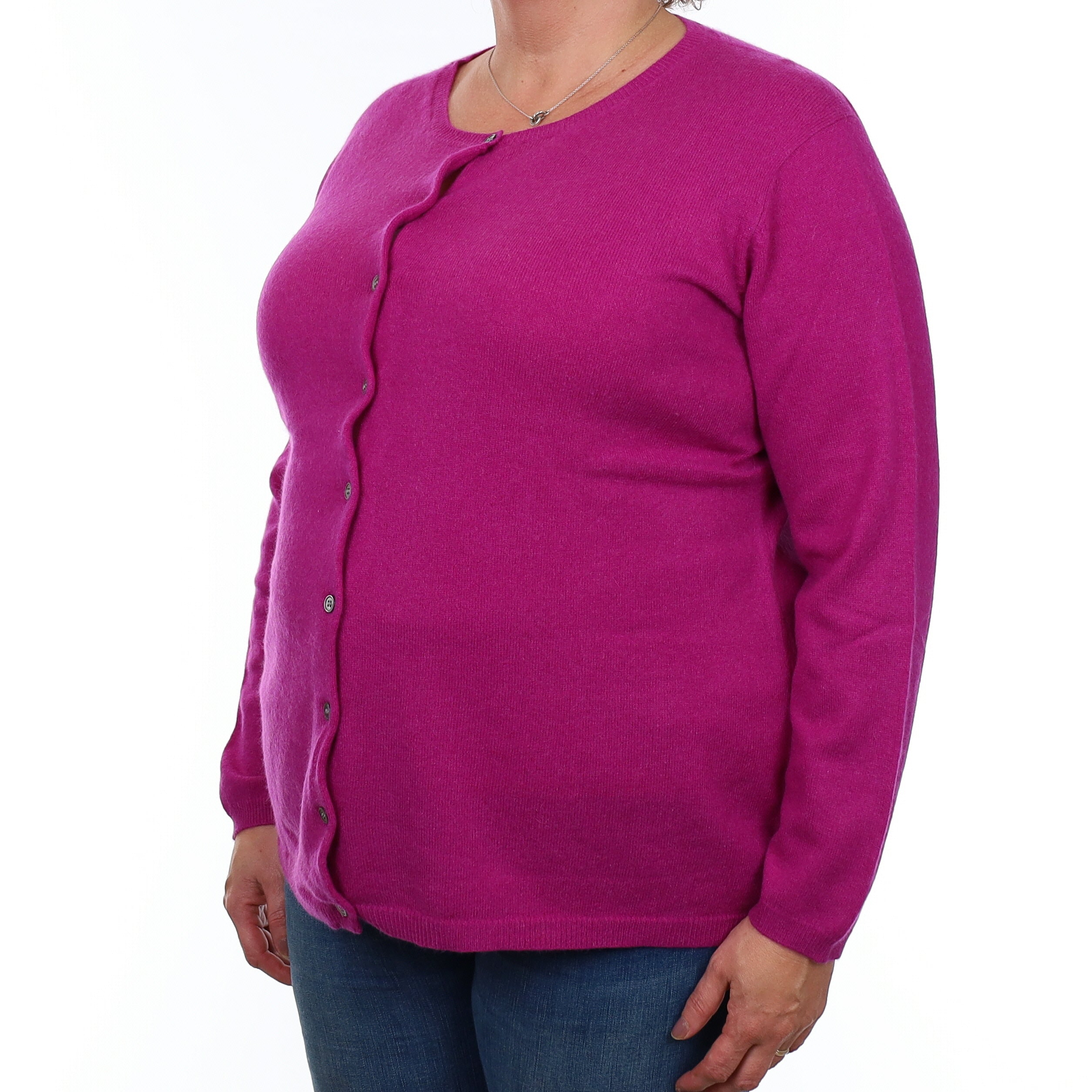 Magenta Pink Cashmere Crew Neck Cardigan Extra Large