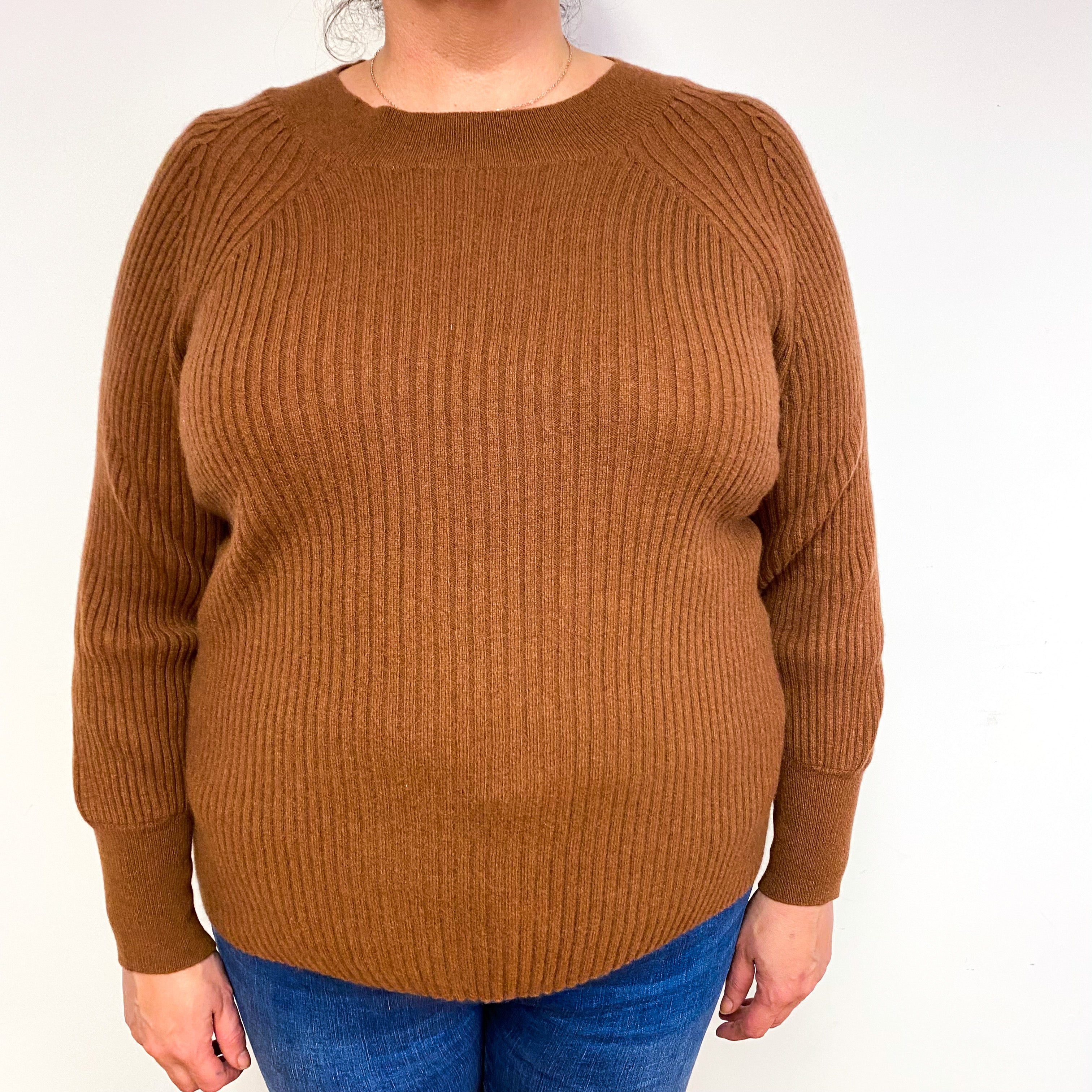 Chestnut Brown Ribbed Cashmere Crew Neck Jumper Extra Large