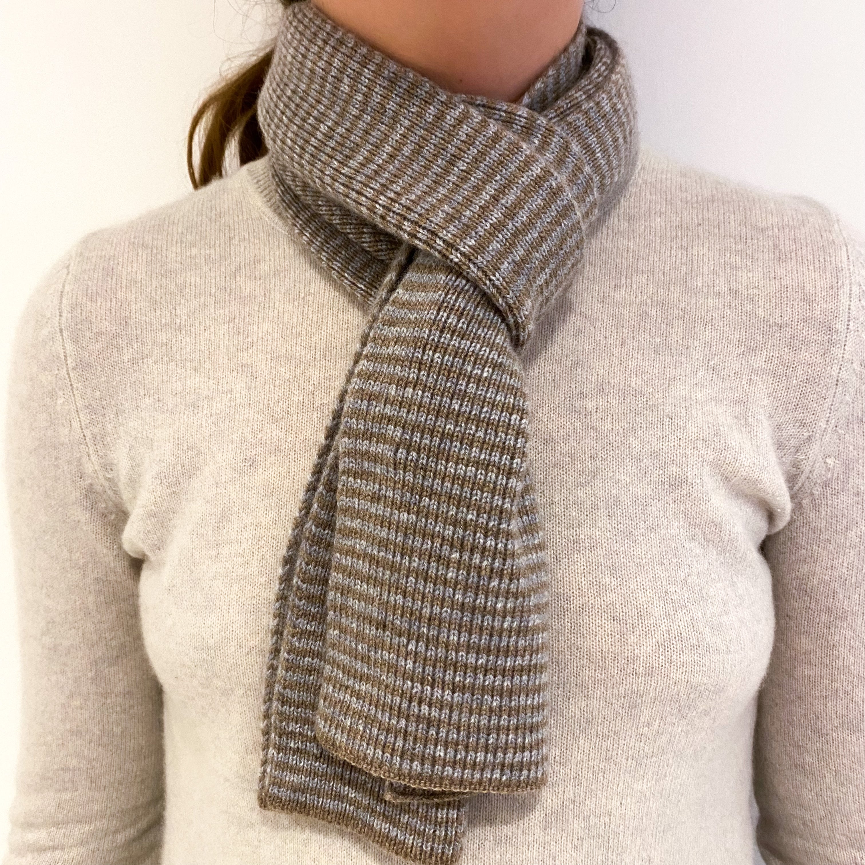 New Scottish Taupe and Grey Stripe Cashmere Scarf