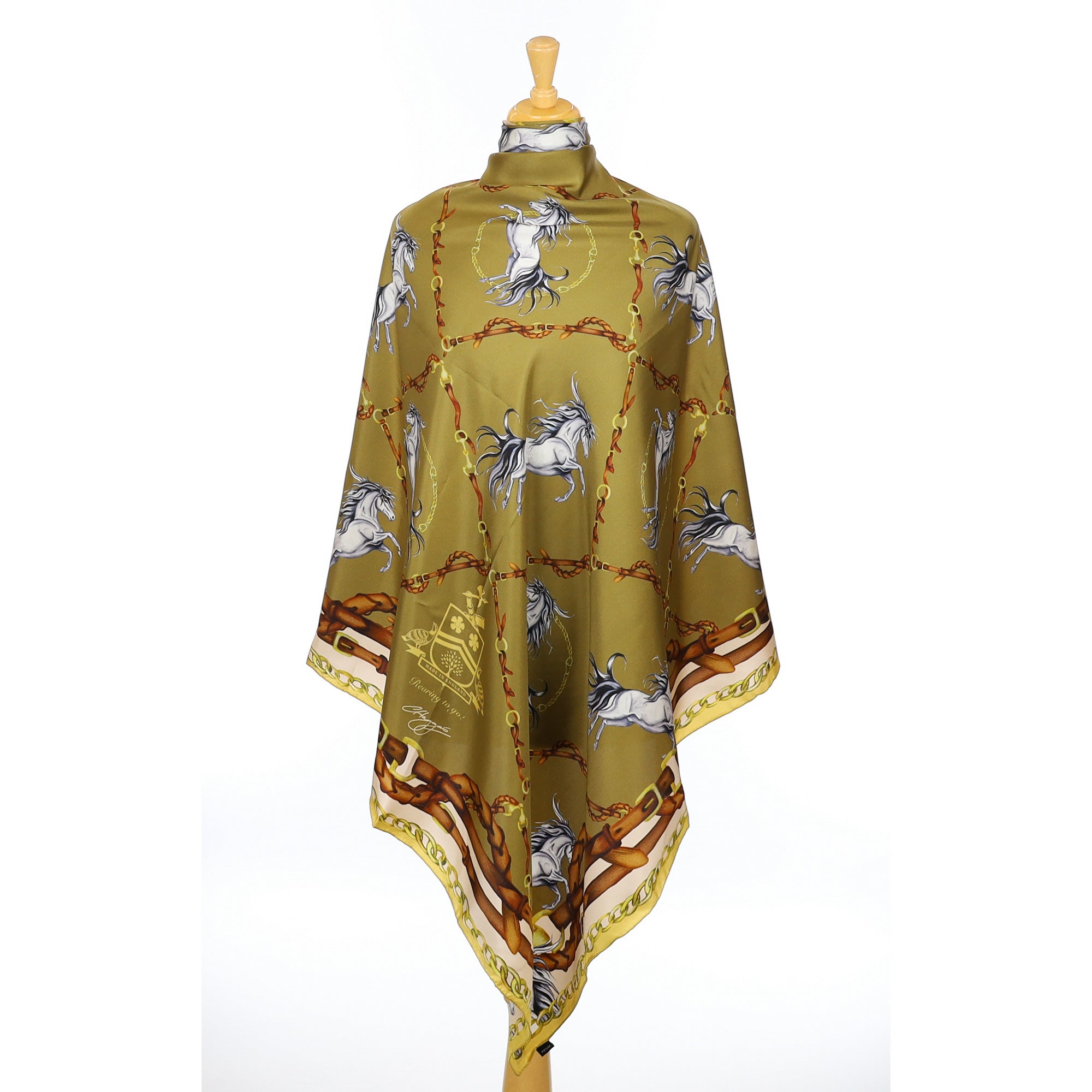 Boxed Unworn Clare Haggas Equine Olive Silk Scarf