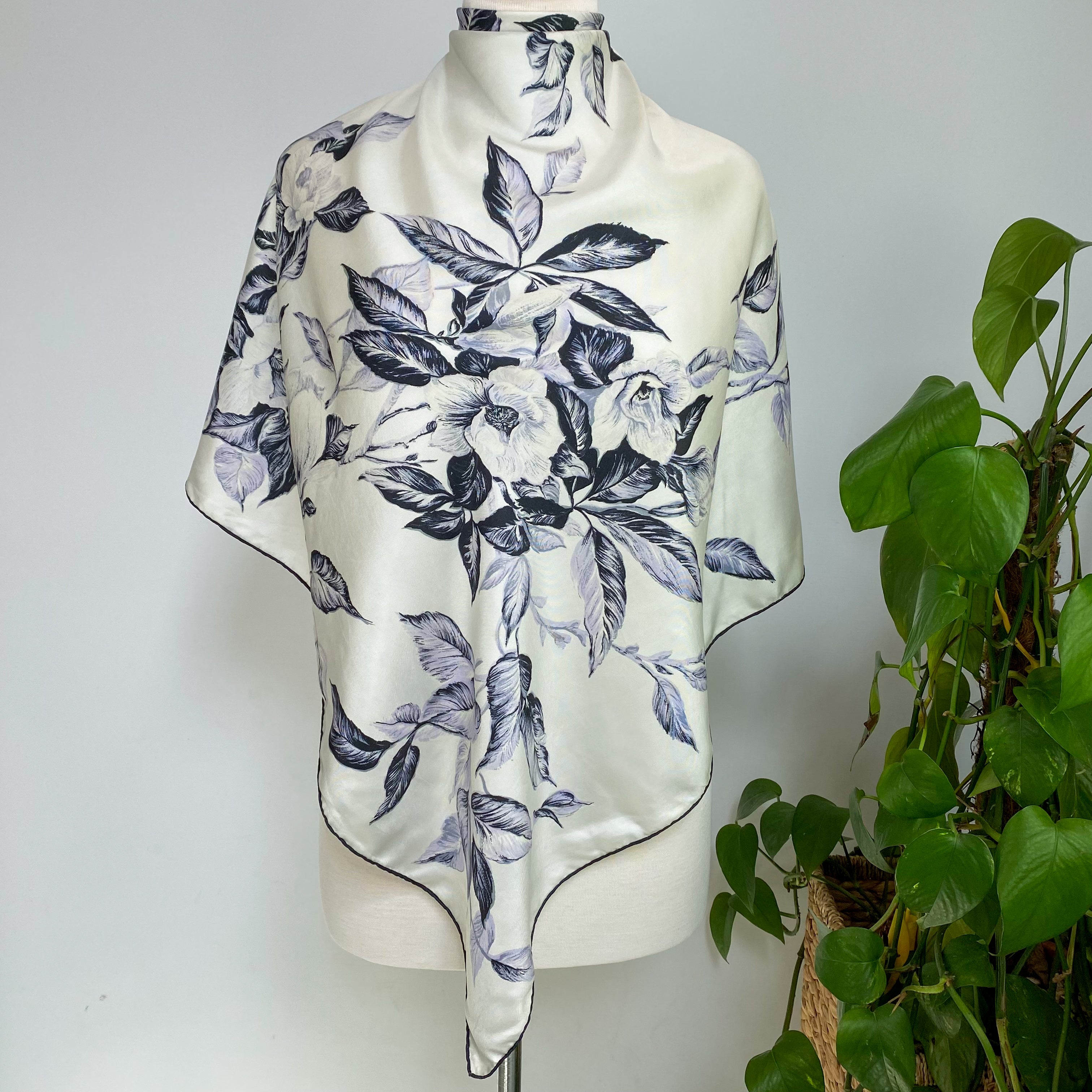 Black and Lilac Floral Vintage Silk Scarf