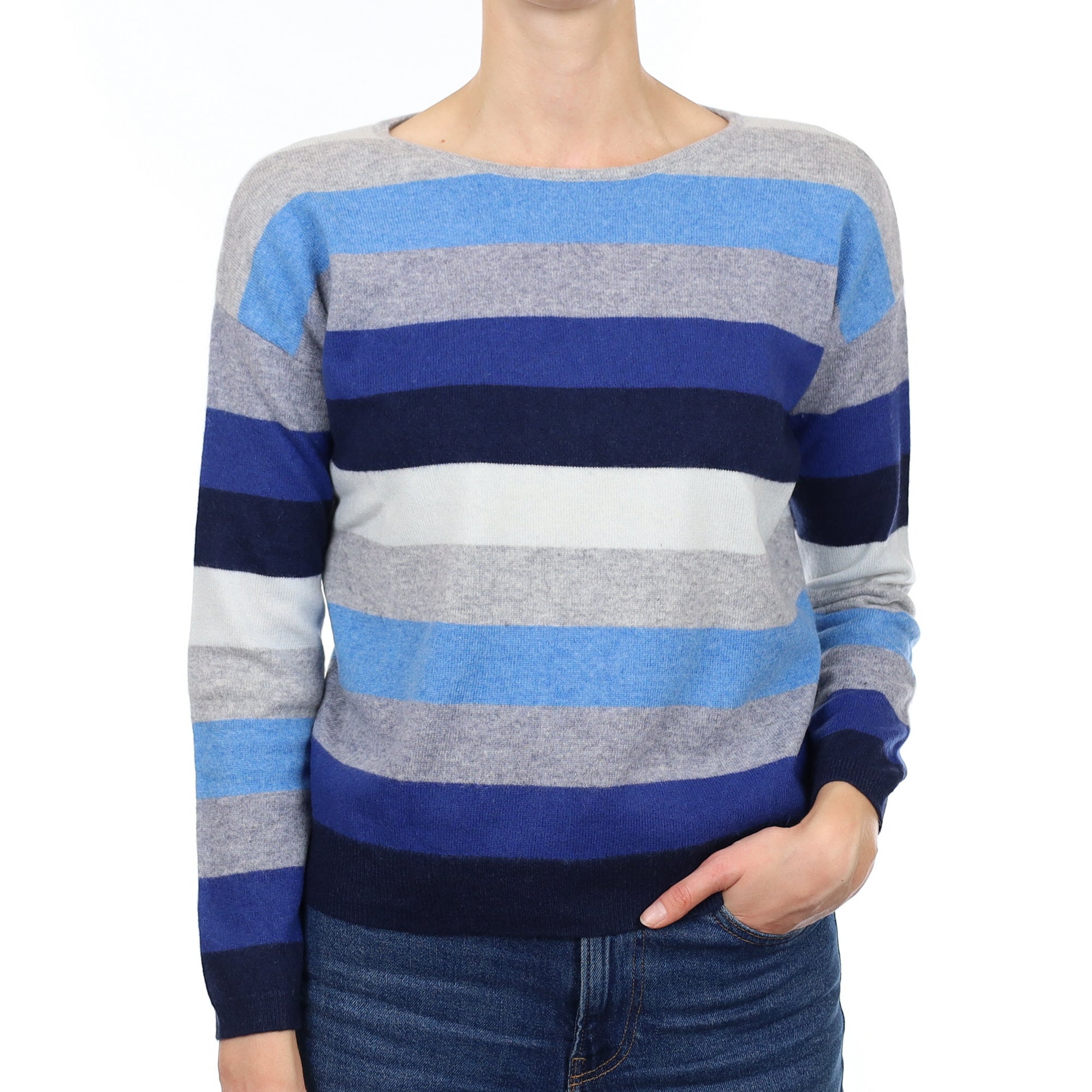 Blue and Grey Striped Cashmere Crew Neck Jumper Small