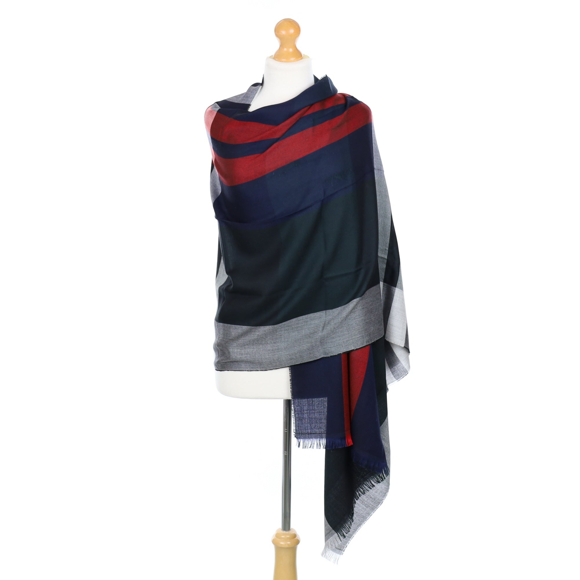 Scottish Begg & Co Crimson and Navy Patterned Fine Woven Cashmere & Silk Wrap