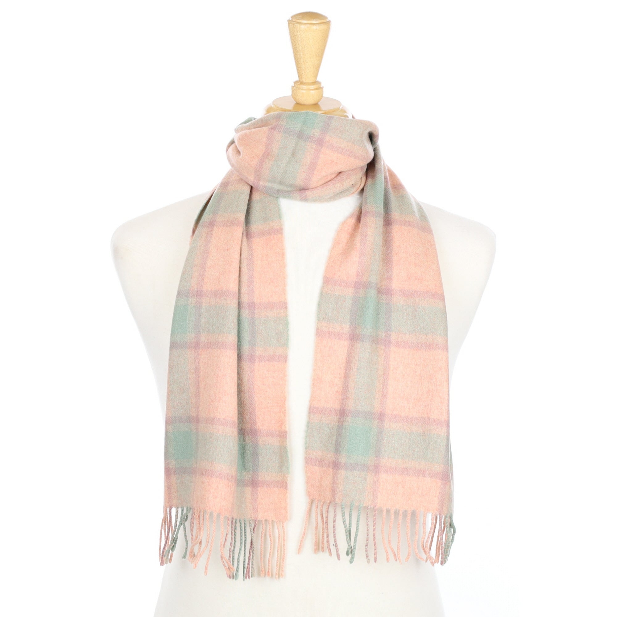 Shell Pink and Mint Checked Cashmere Fringed Woven Scarf