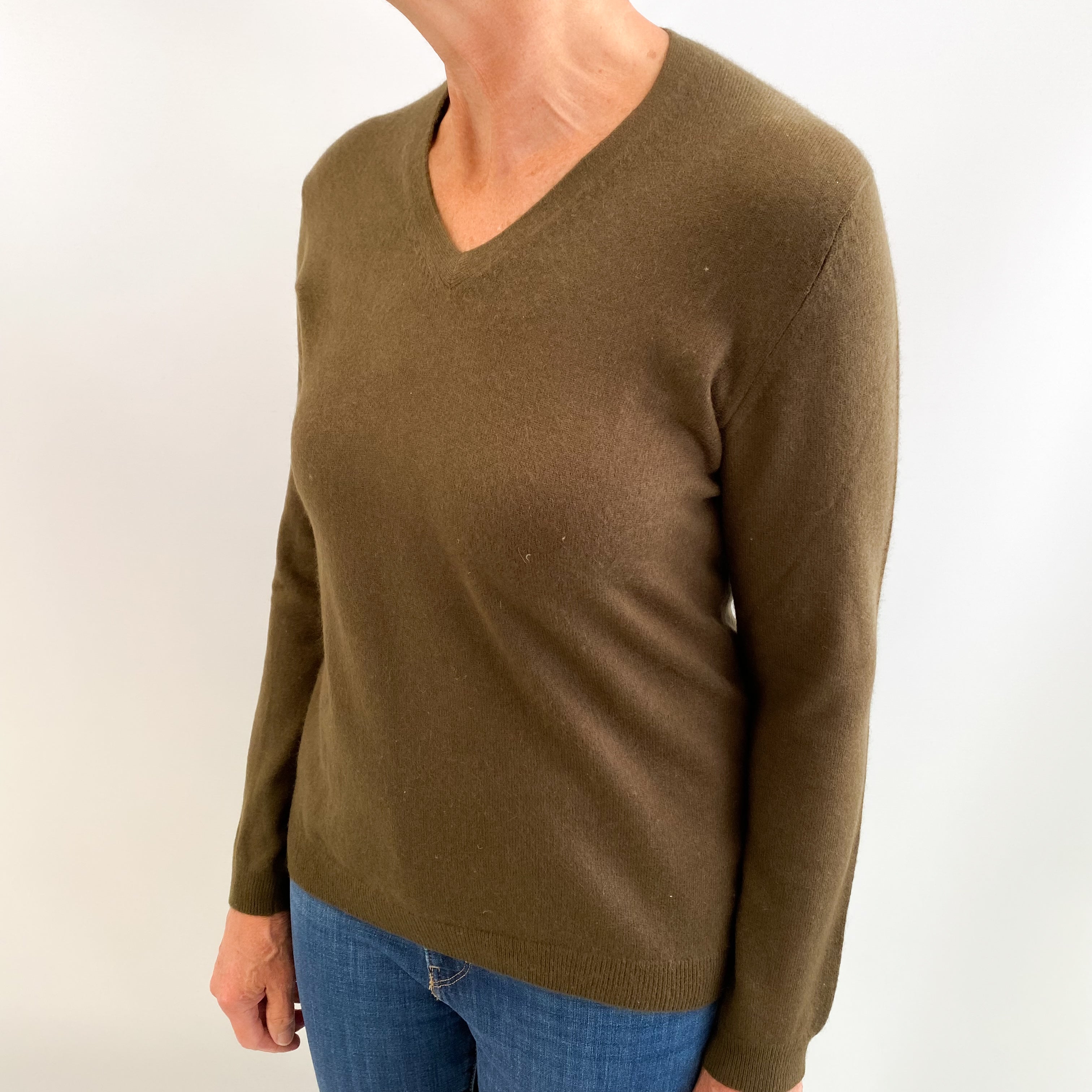 Army Green Cashmere V Neck Jumper Medium