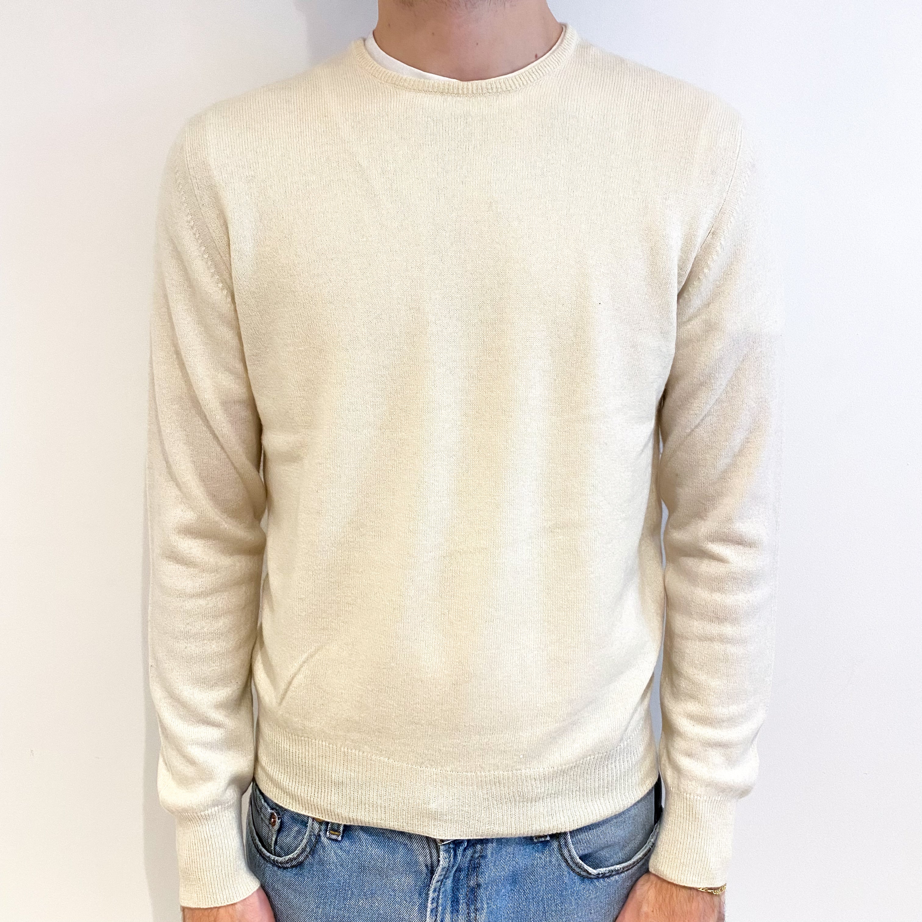 Men's Vanilla Cream Cashmere Crew Neck Jumper Medium