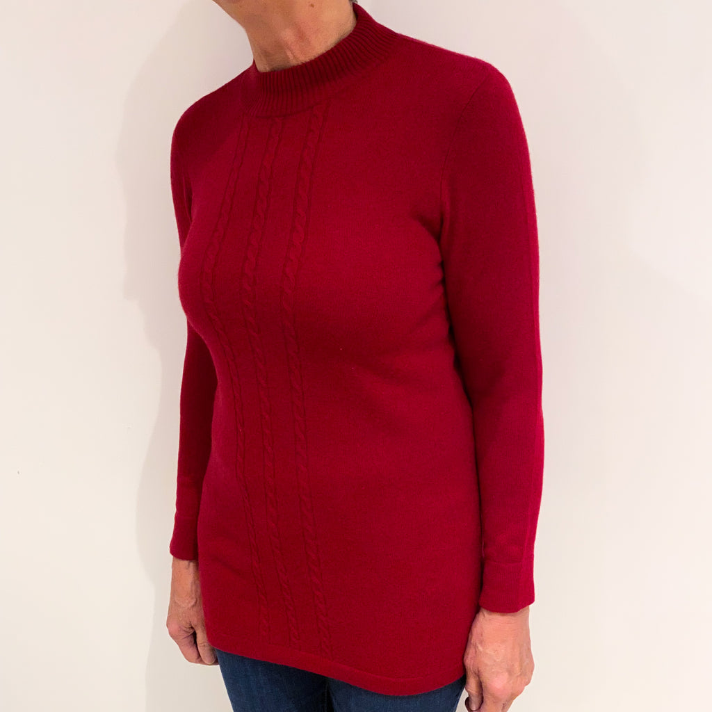 Crimson Red Cable Detail Cashmere Turtle Neck Jumper Medium