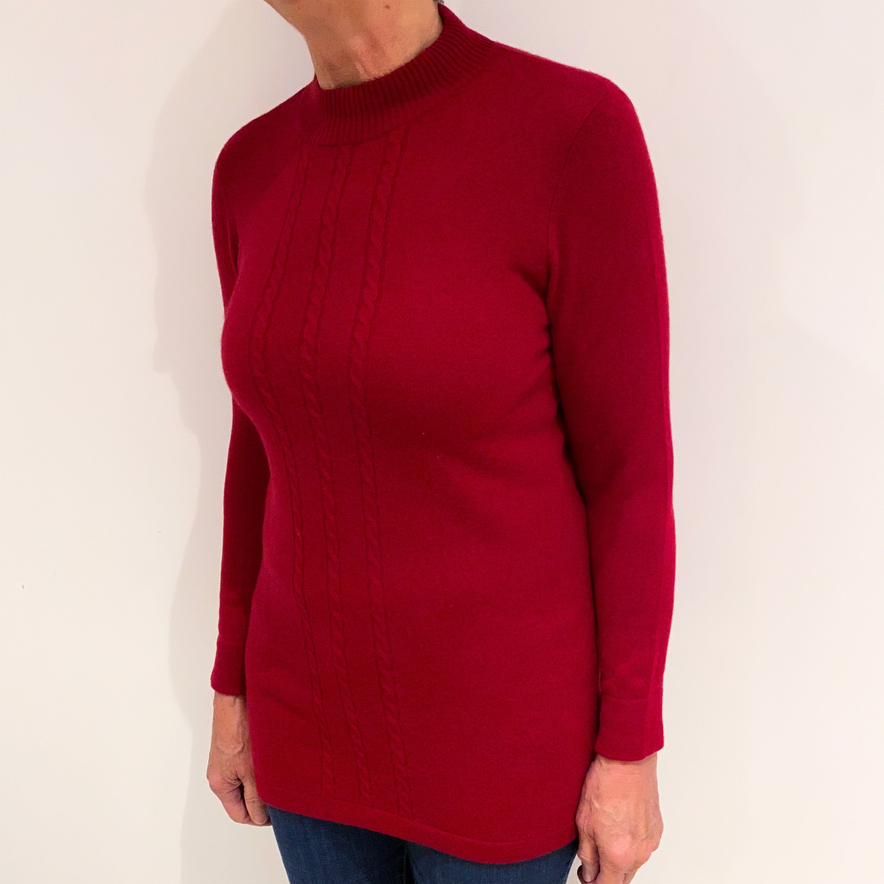 Crimson Red Cable Detail Cashmere Turtle Neck Jumper Medium
