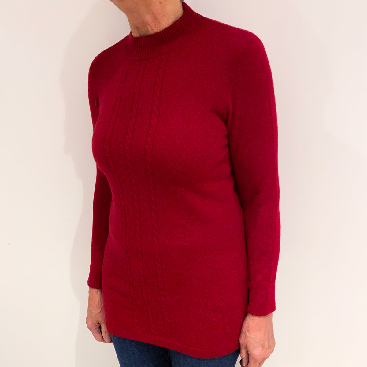 Crimson Red Cable Detail Cashmere Turtle Neck Jumper Medium