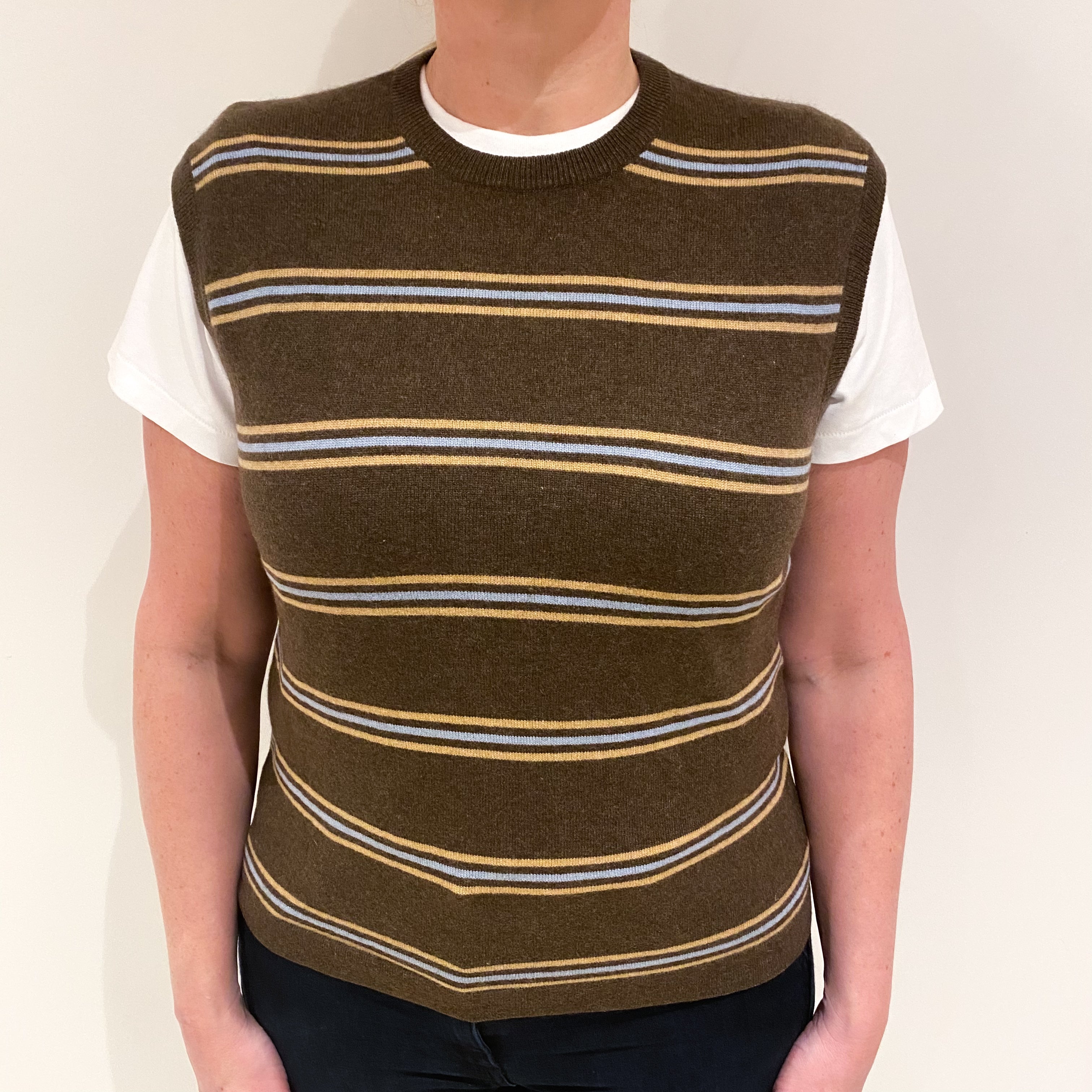 Muted Brown with Caramel and Blue Stripes Cashmere Crew Neck Tank Top Large